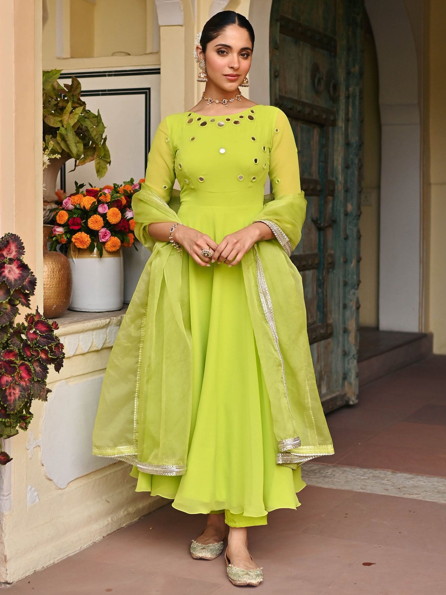 Parrot Green Mirror Anarkali Set