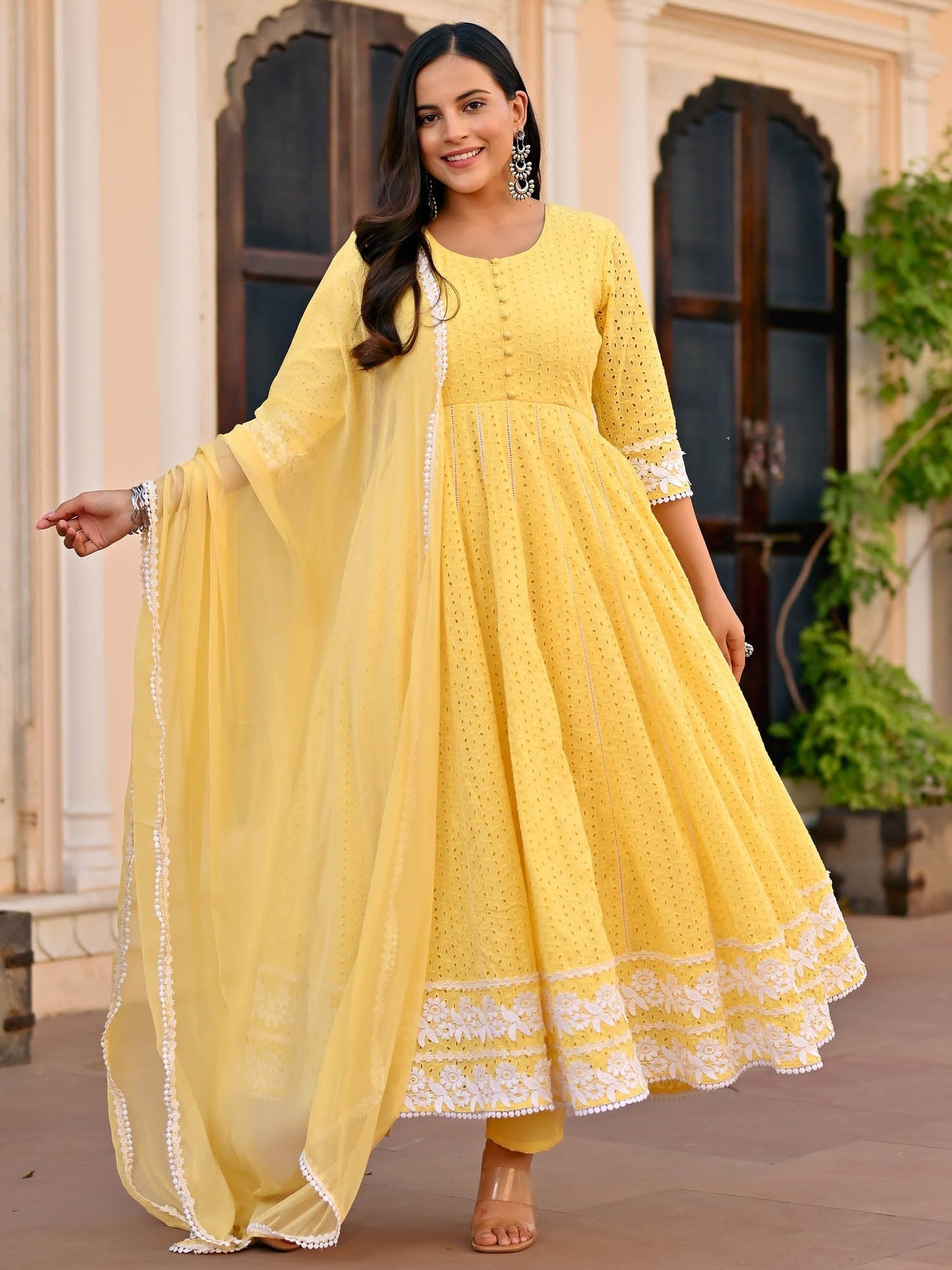 Yellow Schiffli Anarkali Set