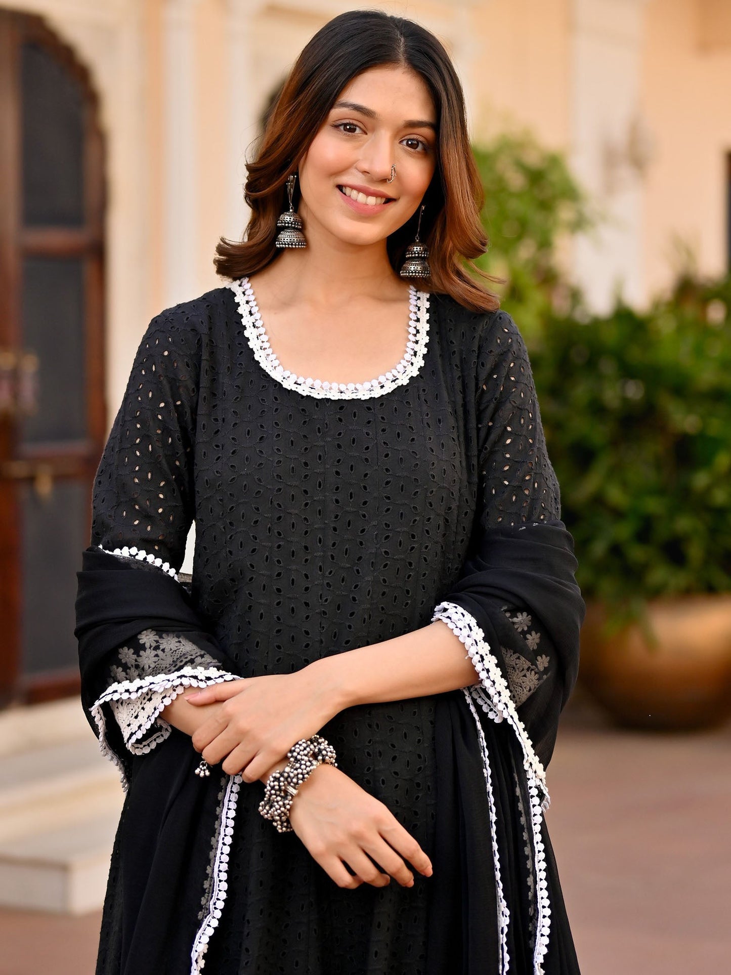 Black Schiffli Anarkali Set