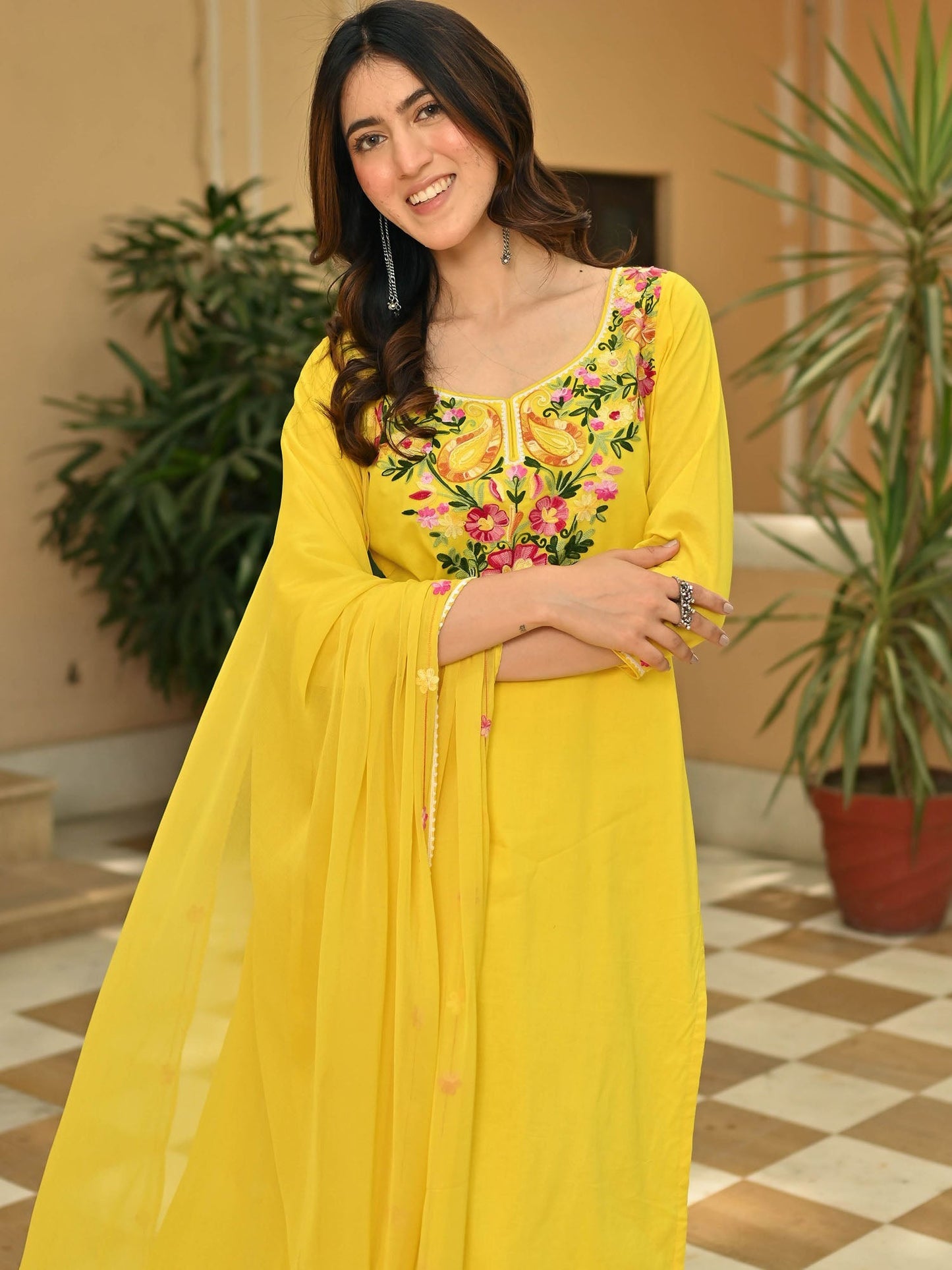 Yellow Cotton Aari Kurta Set
