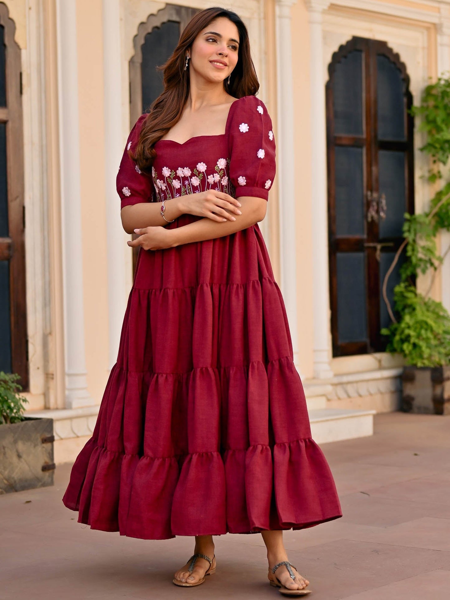 Maroon Floral Embroidery Dress