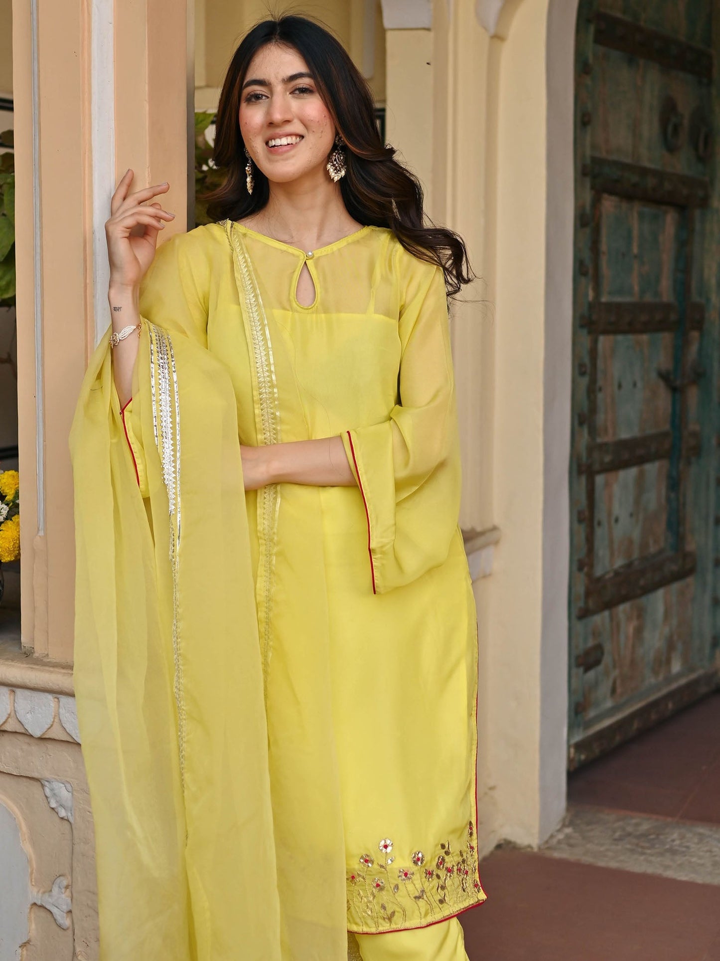 LEMON YELLOW SILK KURTA AND PANT SET