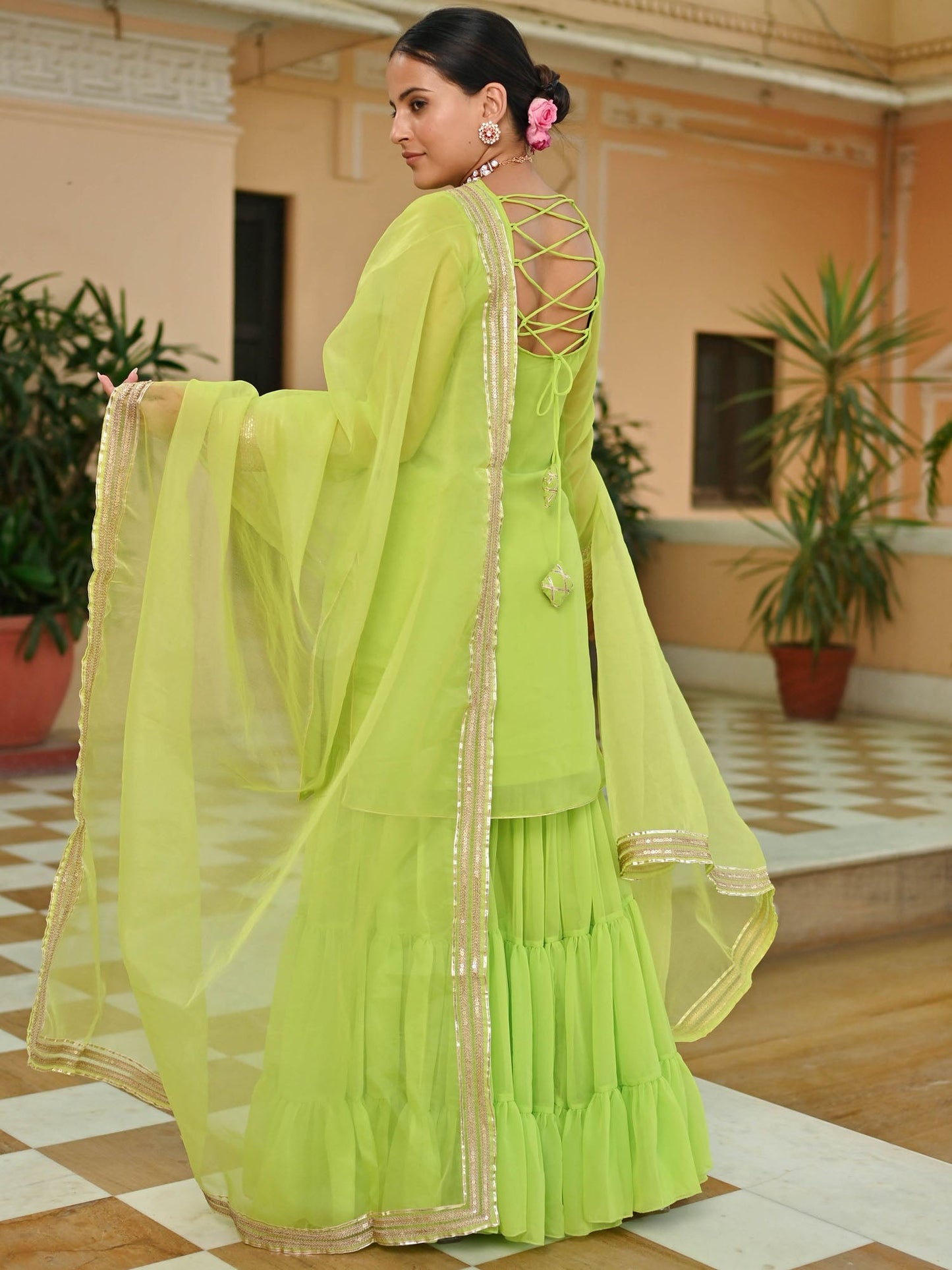 GREEN GEORGETTE KURTA AND SHARARA SET