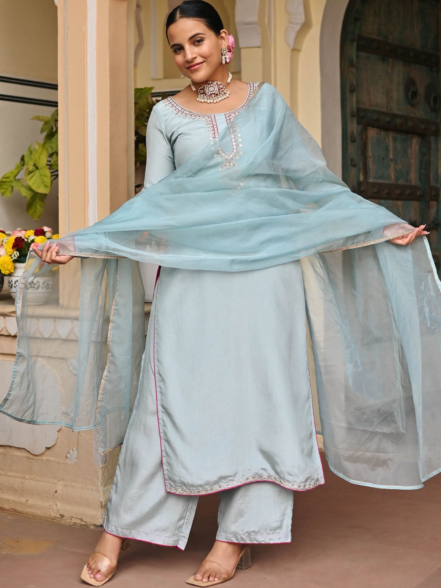 SKY BLUE SILK KURTA AND PALAZZO SET