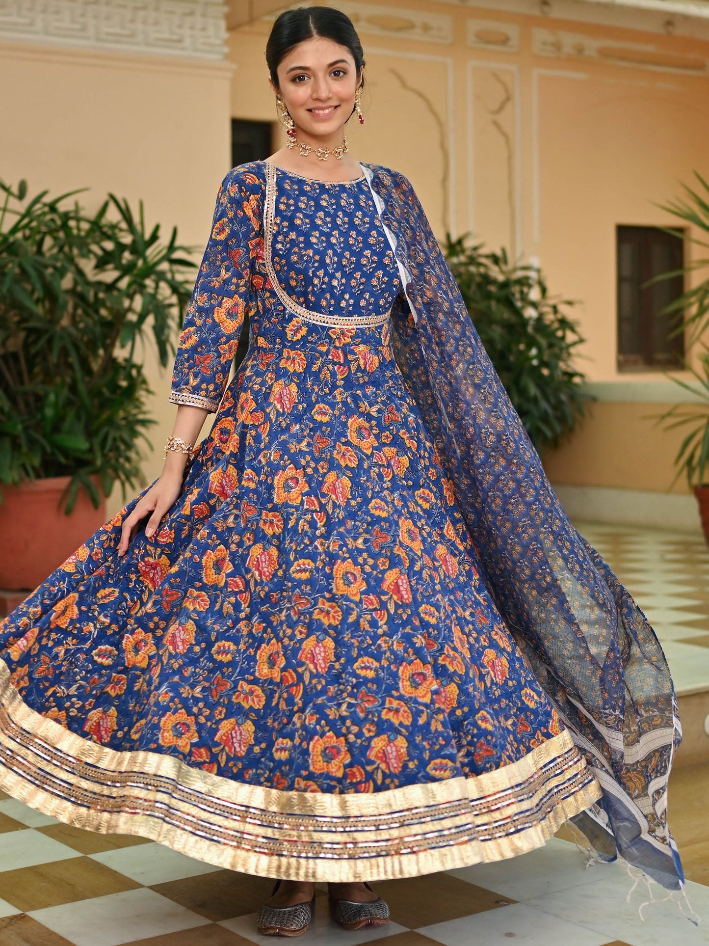 Blue Handblock Printed Anarkali Set