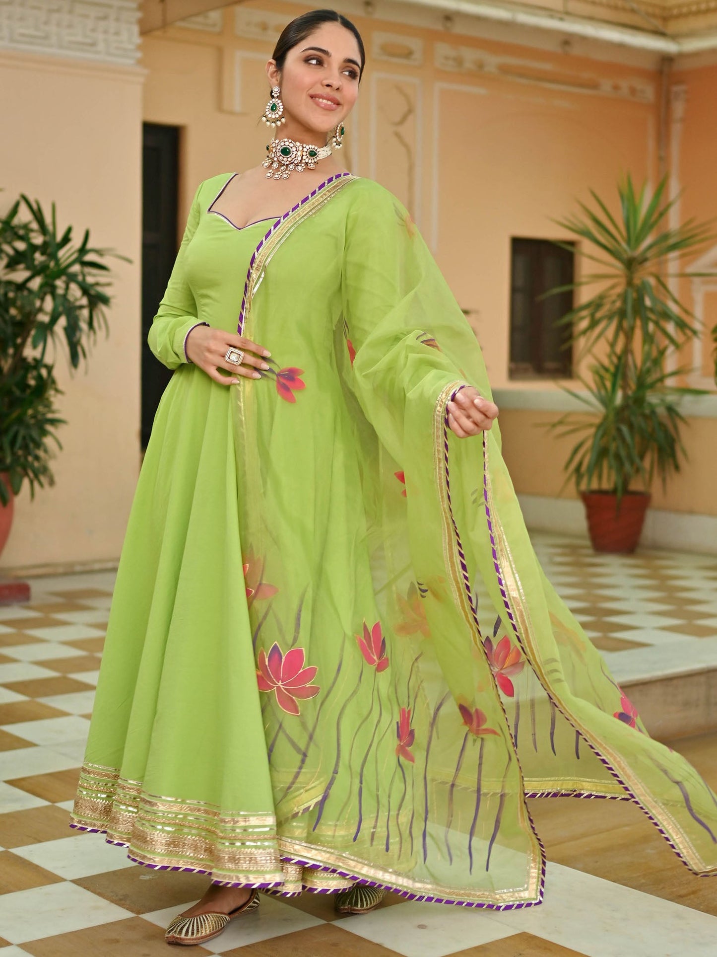 Green Handbrush Anarkali Set