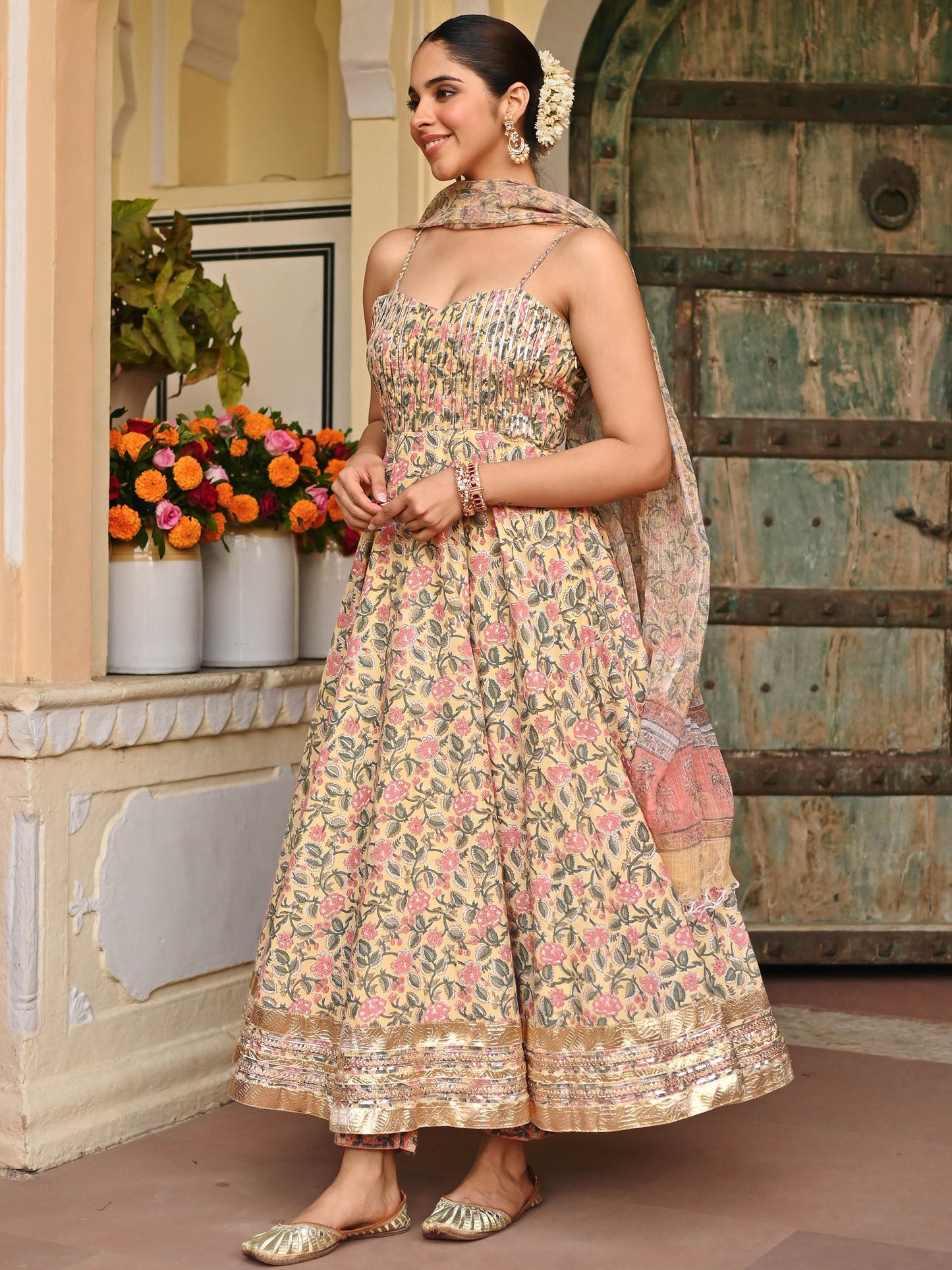 Yellow Handblock Printed Anarkali Set