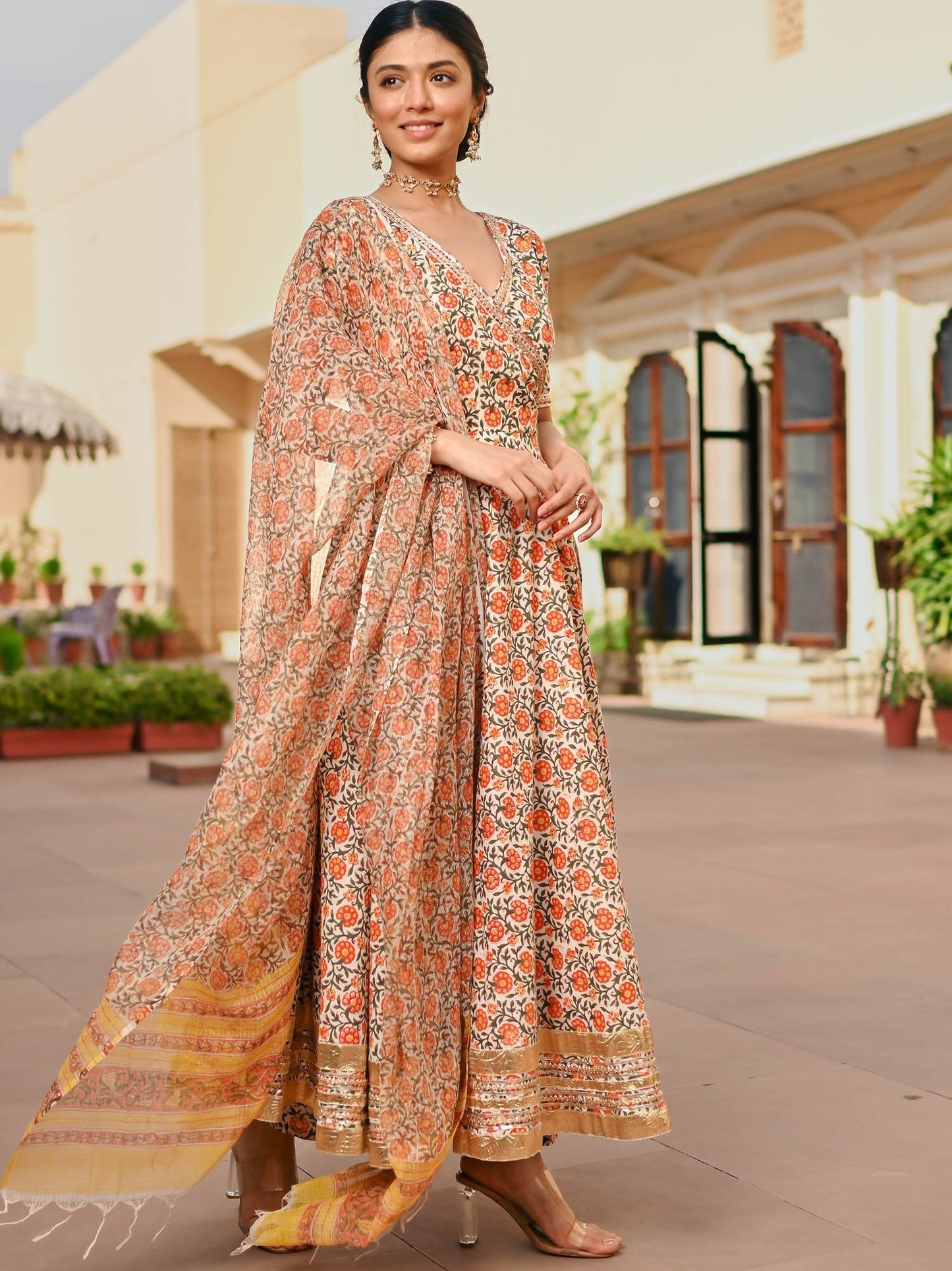 Beige Printed Handblock Anarkali Set