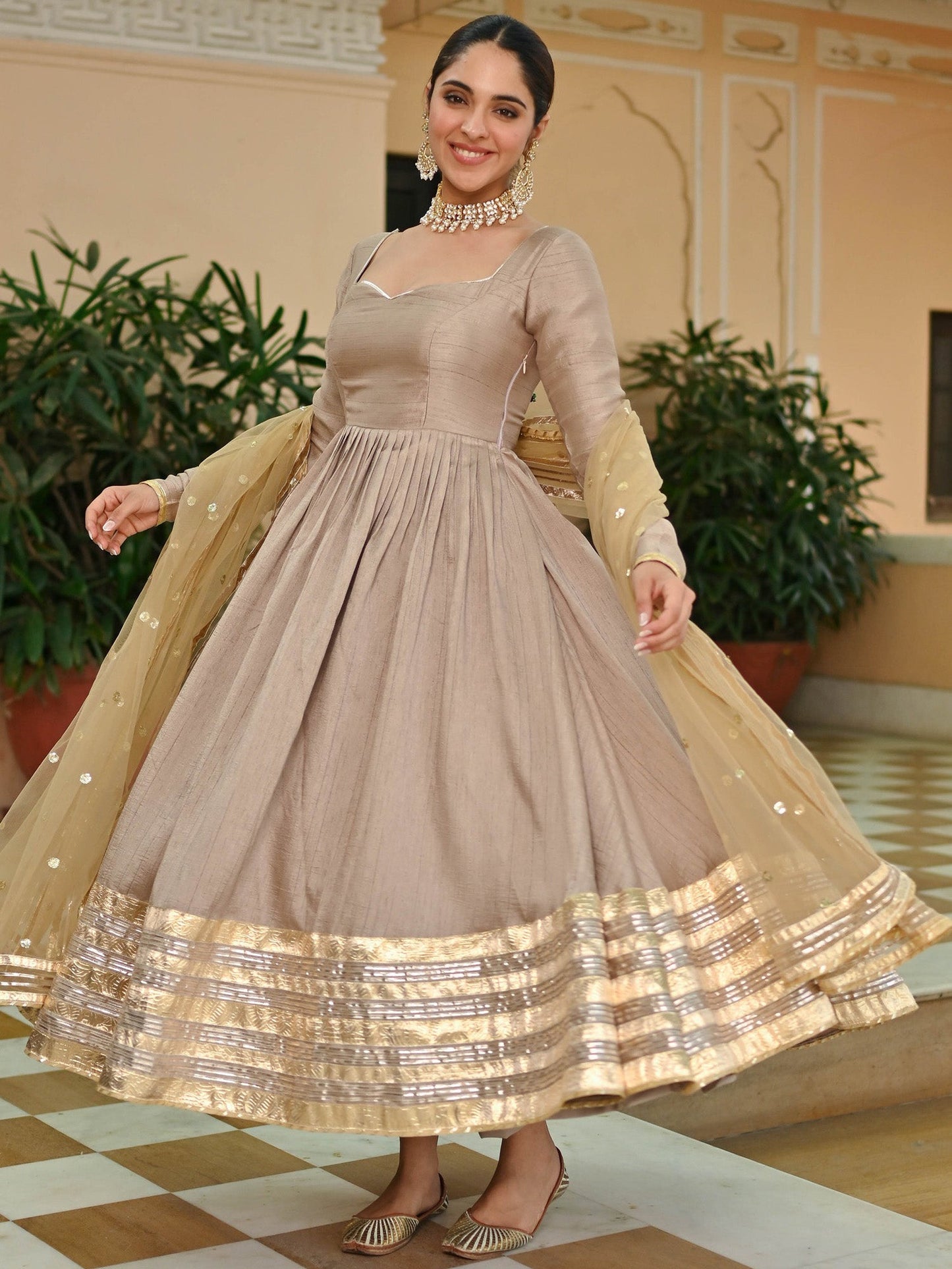 Beige Gold Silk Anarkali set