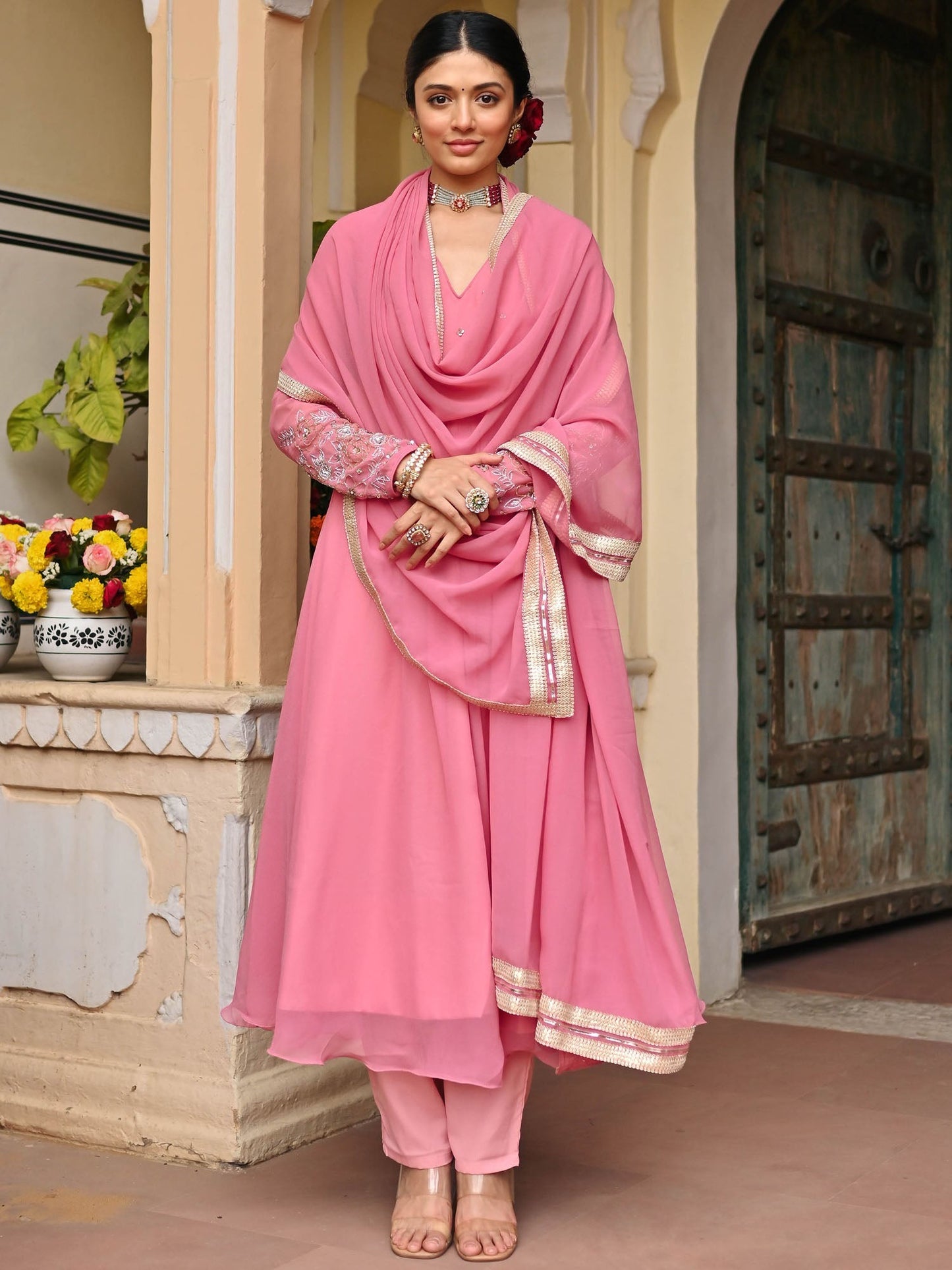 Pink Georgette Handwork Anarkali Set