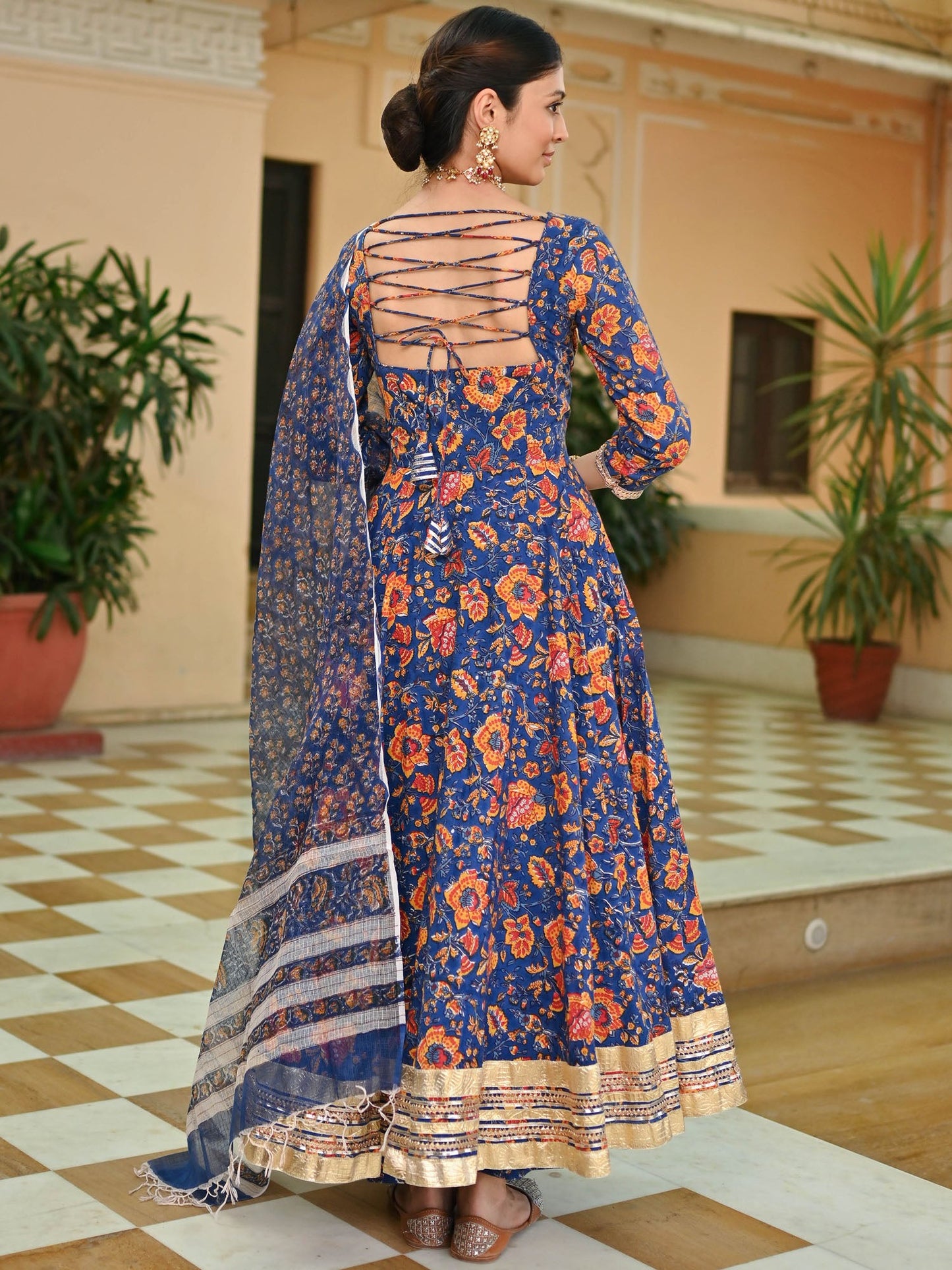 Blue Handblock Printed Anarkali Set