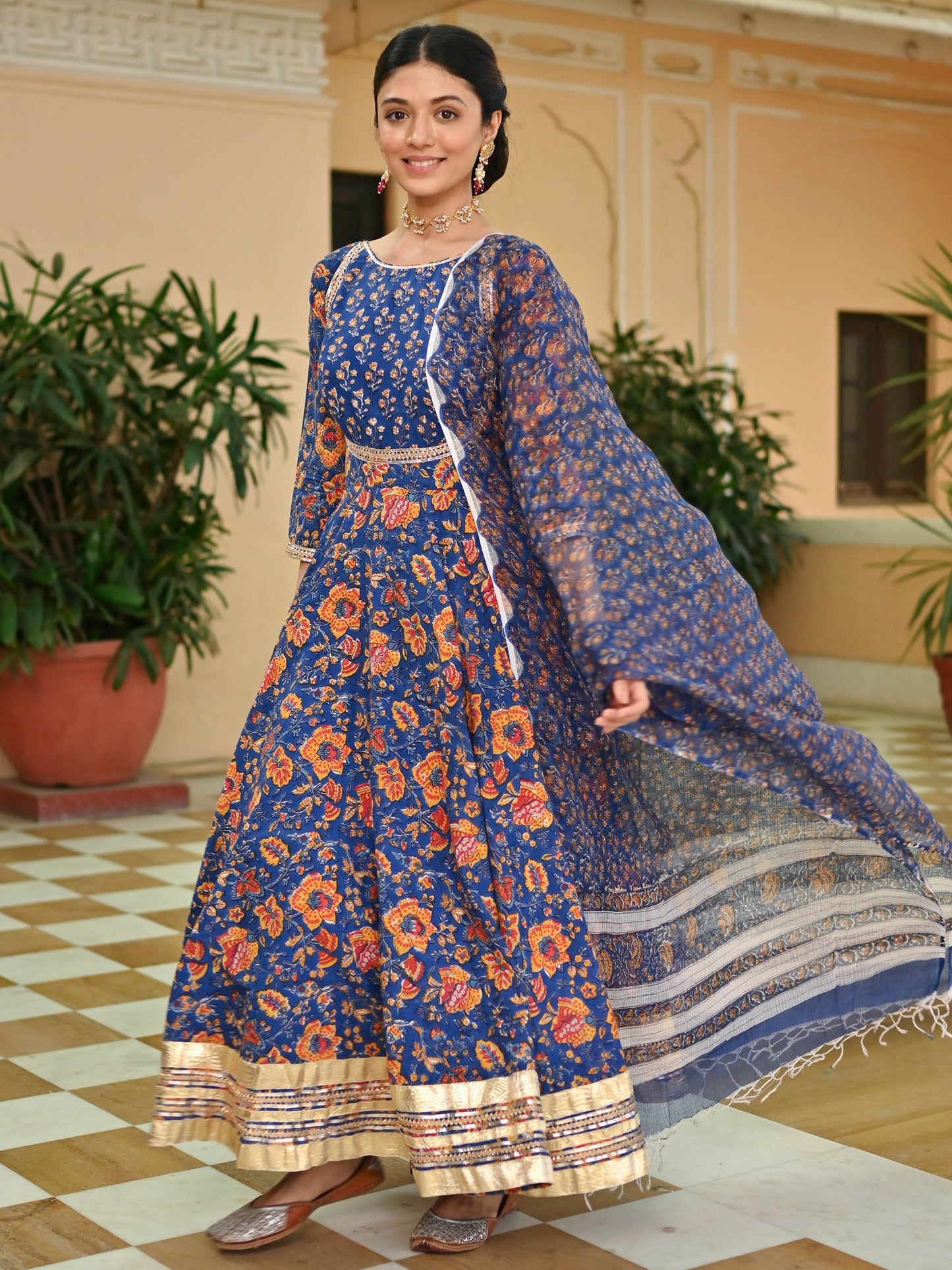 Blue Handblock Printed Anarkali Set