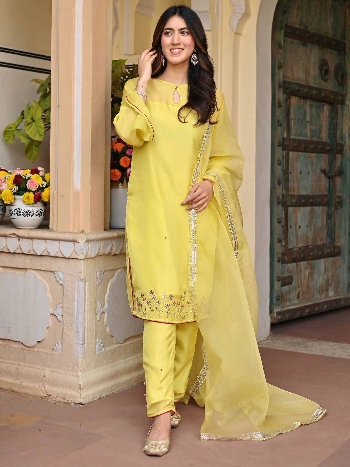 LEMON YELLOW SILK KURTA AND PANT SET