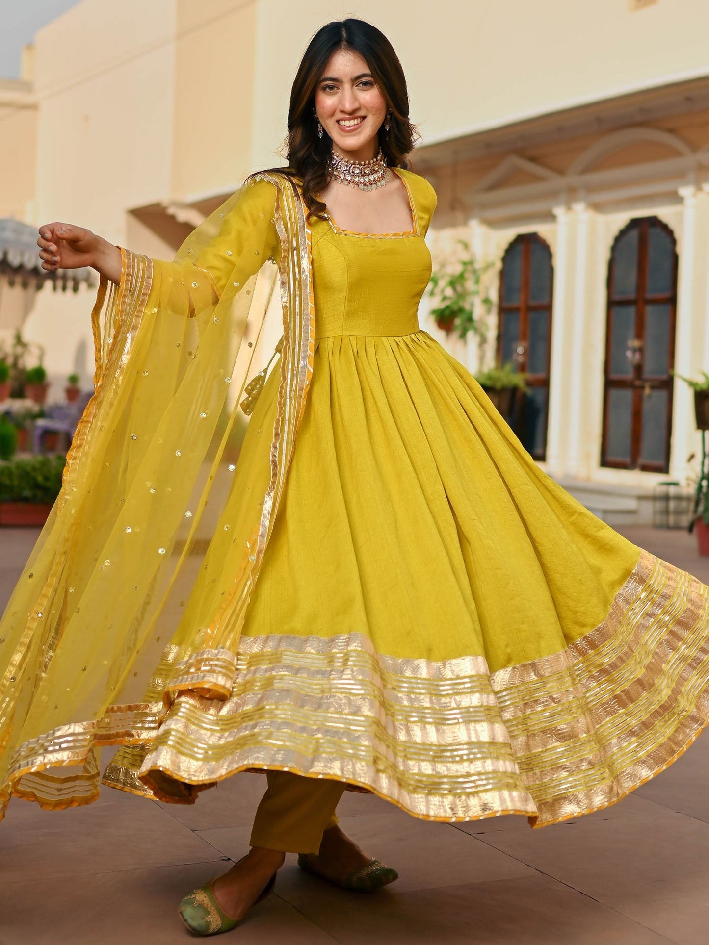 Lemon Green Silk Anarkali set