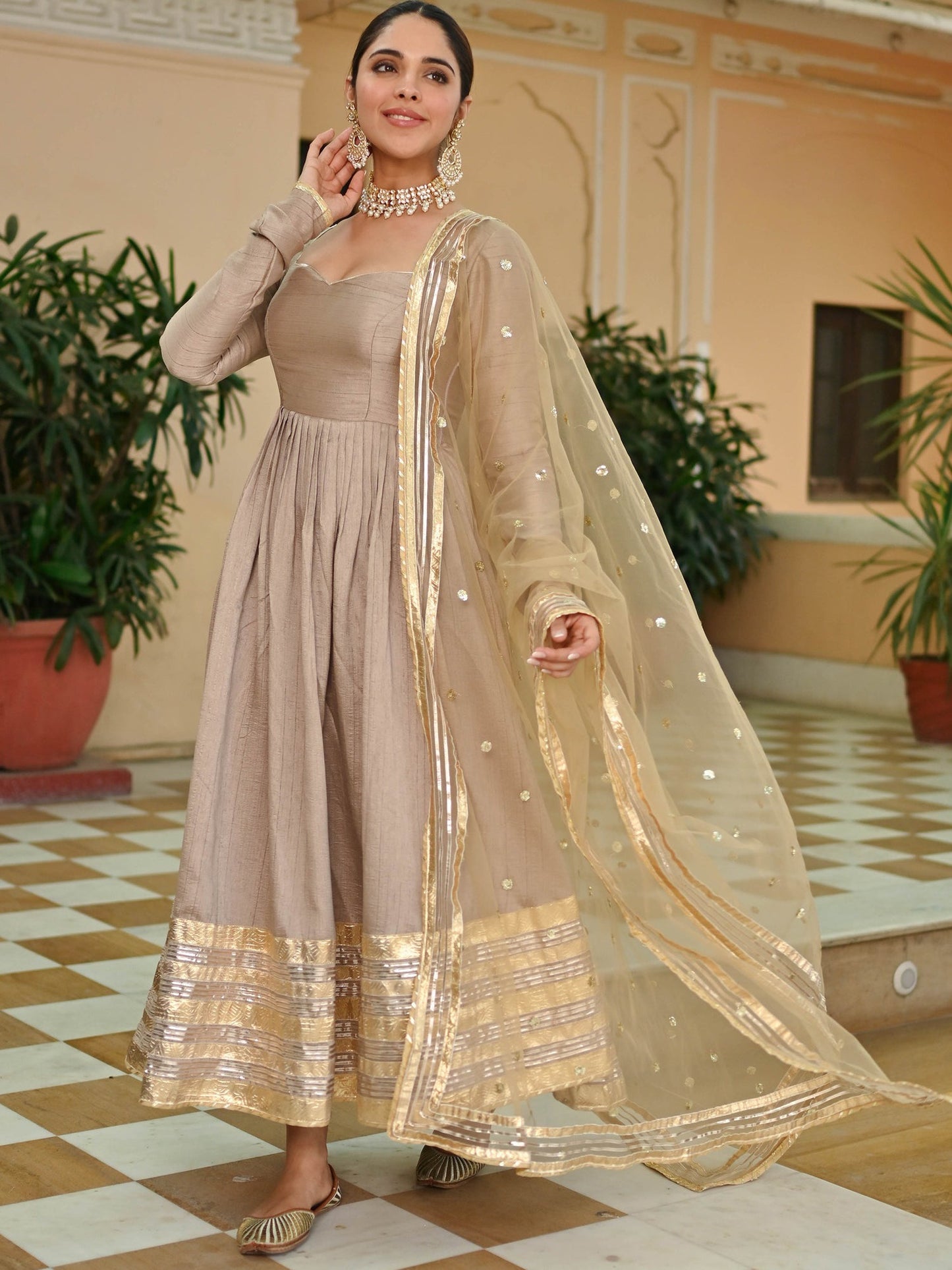 Beige Gold Silk Anarkali set