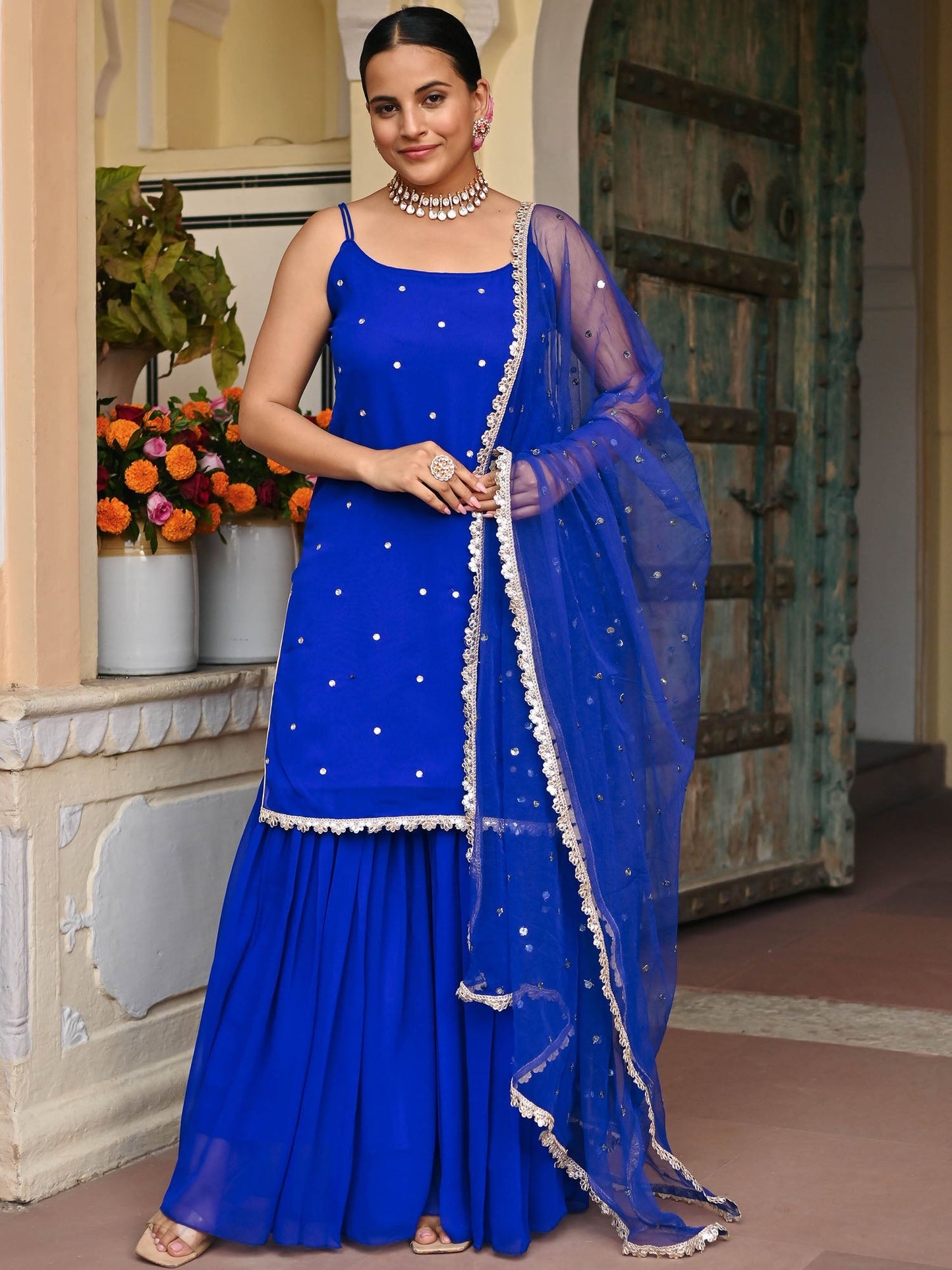 DARK BLUE GEORGETTE KURTA AND SHARARA SET