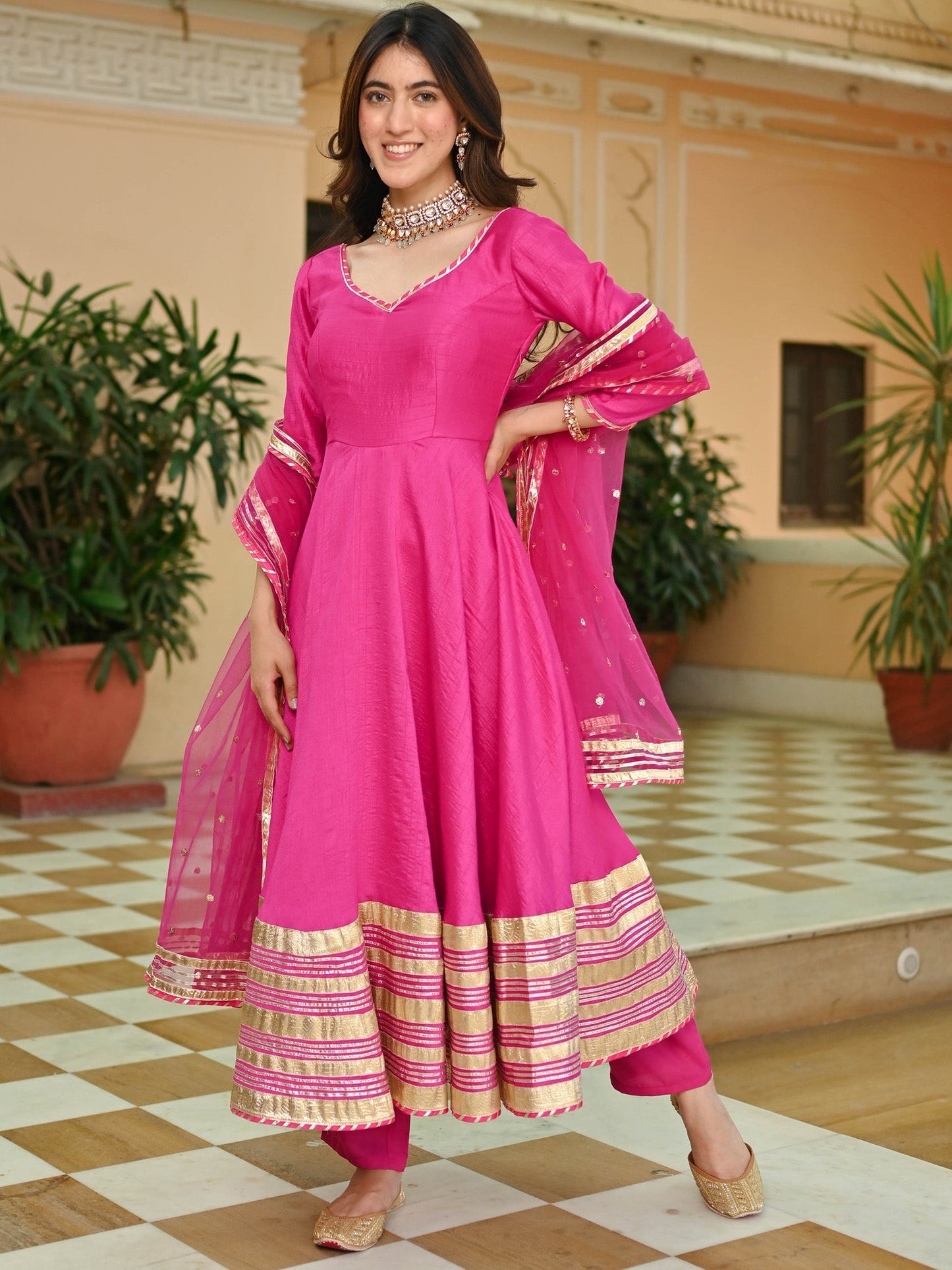 Pink Silk Gotta Anarkali Set