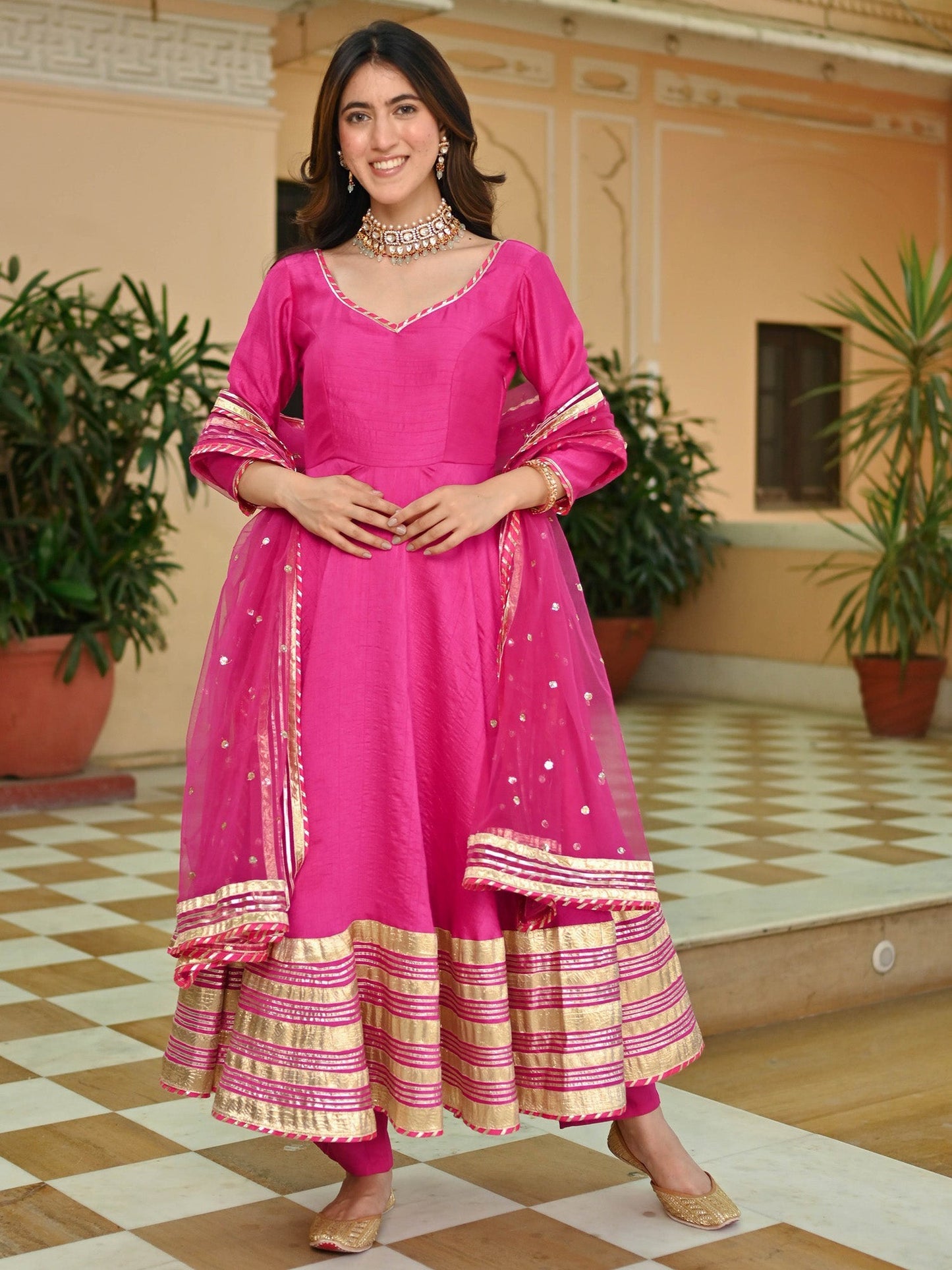 Pink Silk Gotta Anarkali Set