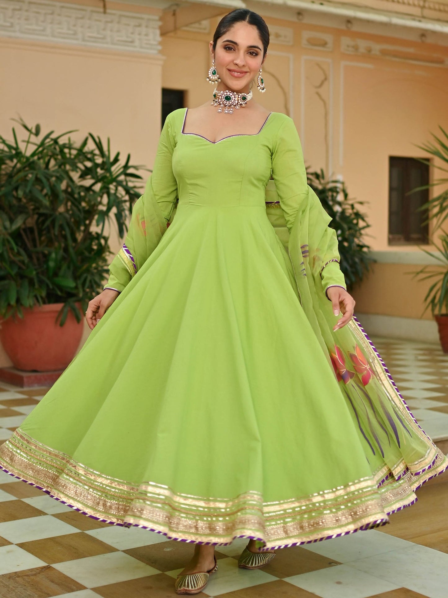 Green Handbrush Anarkali Set