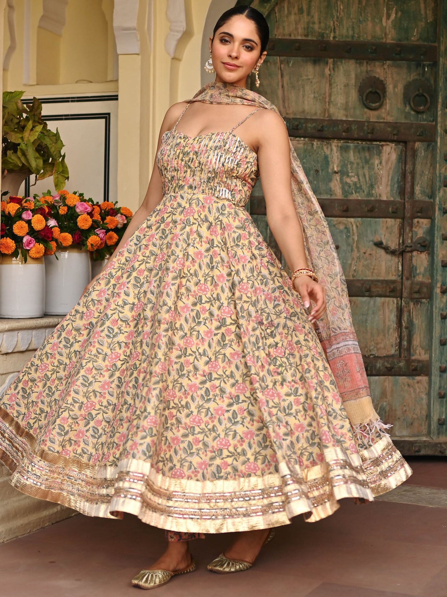 Yellow Handblock Printed Anarkali Set