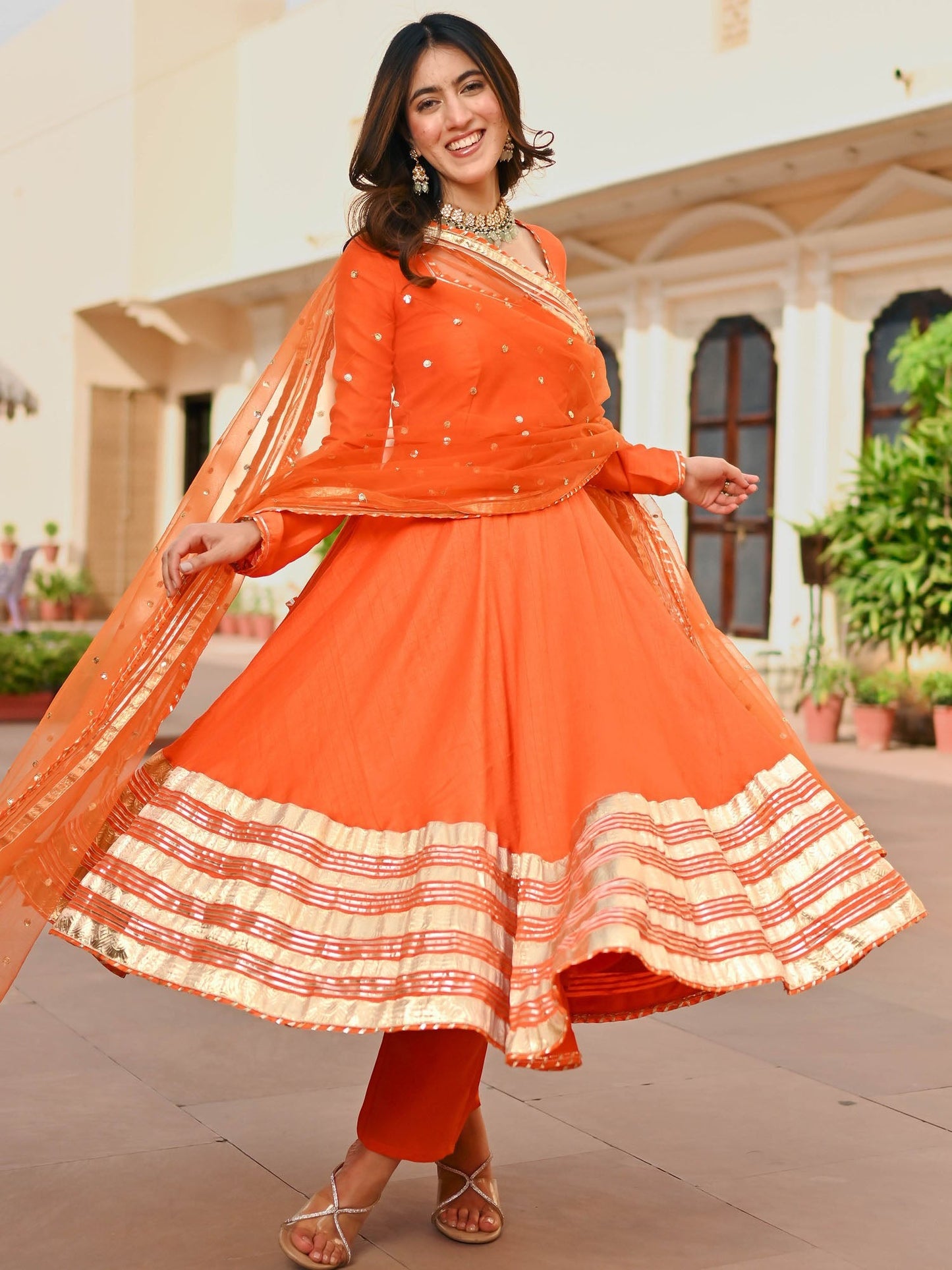 Orange Silk Anarkali set