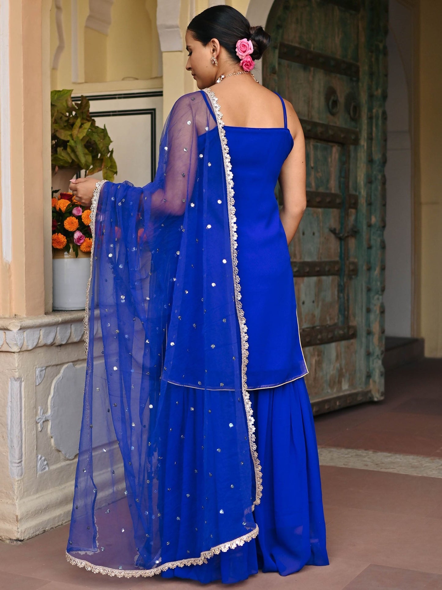 DARK BLUE GEORGETTE KURTA AND SHARARA SET