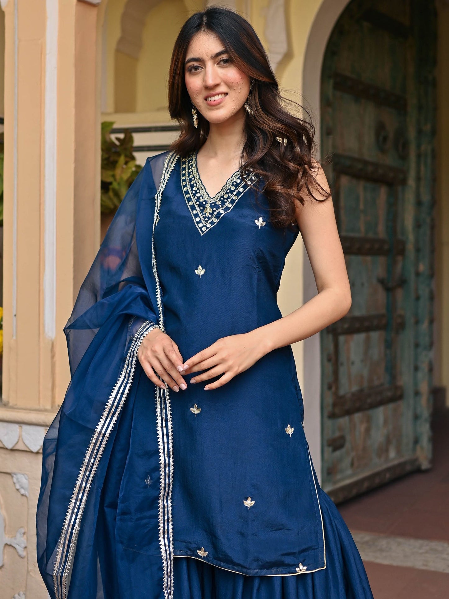NAVY BLUE SILK KURTA AND SHARARA SET