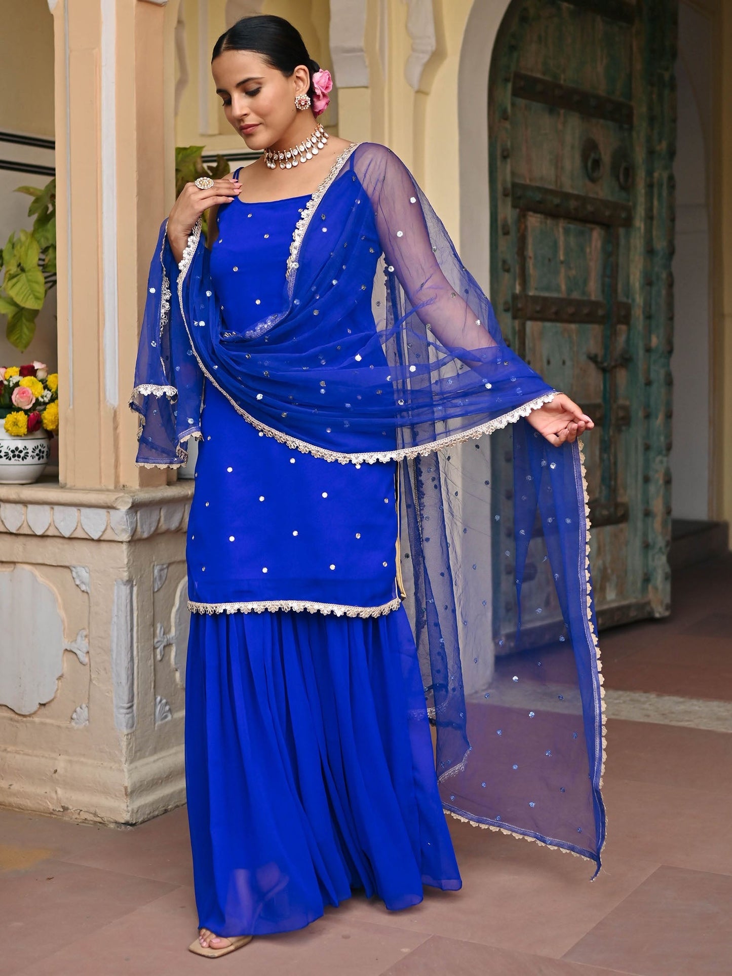 DARK BLUE GEORGETTE KURTA AND SHARARA SET