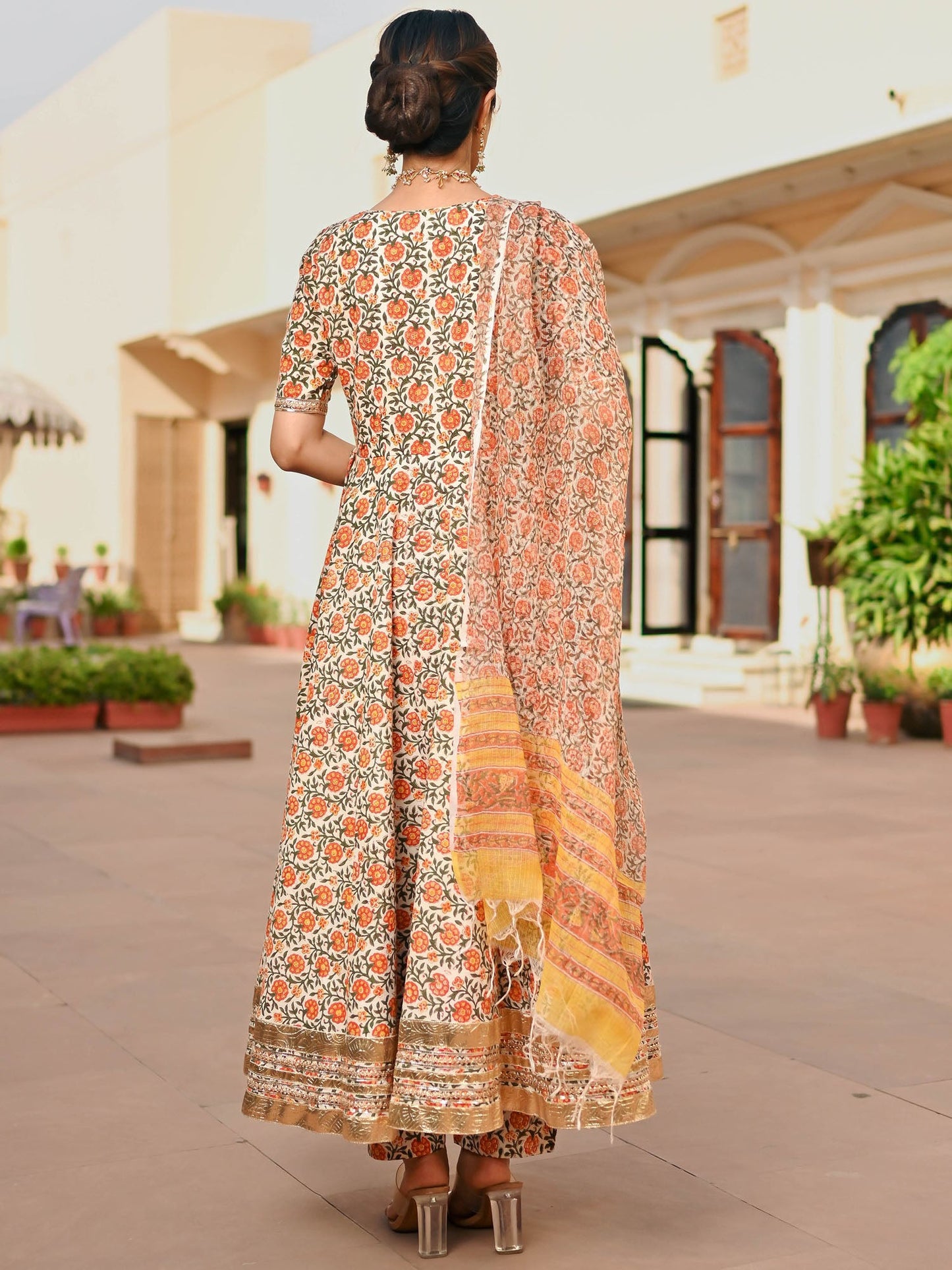 Beige Printed Handblock Anarkali Set