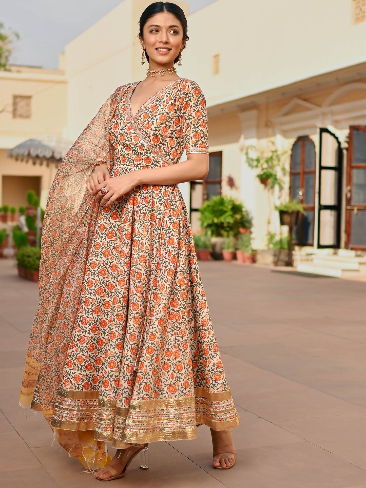 Beige Printed Handblock Anarkali Set