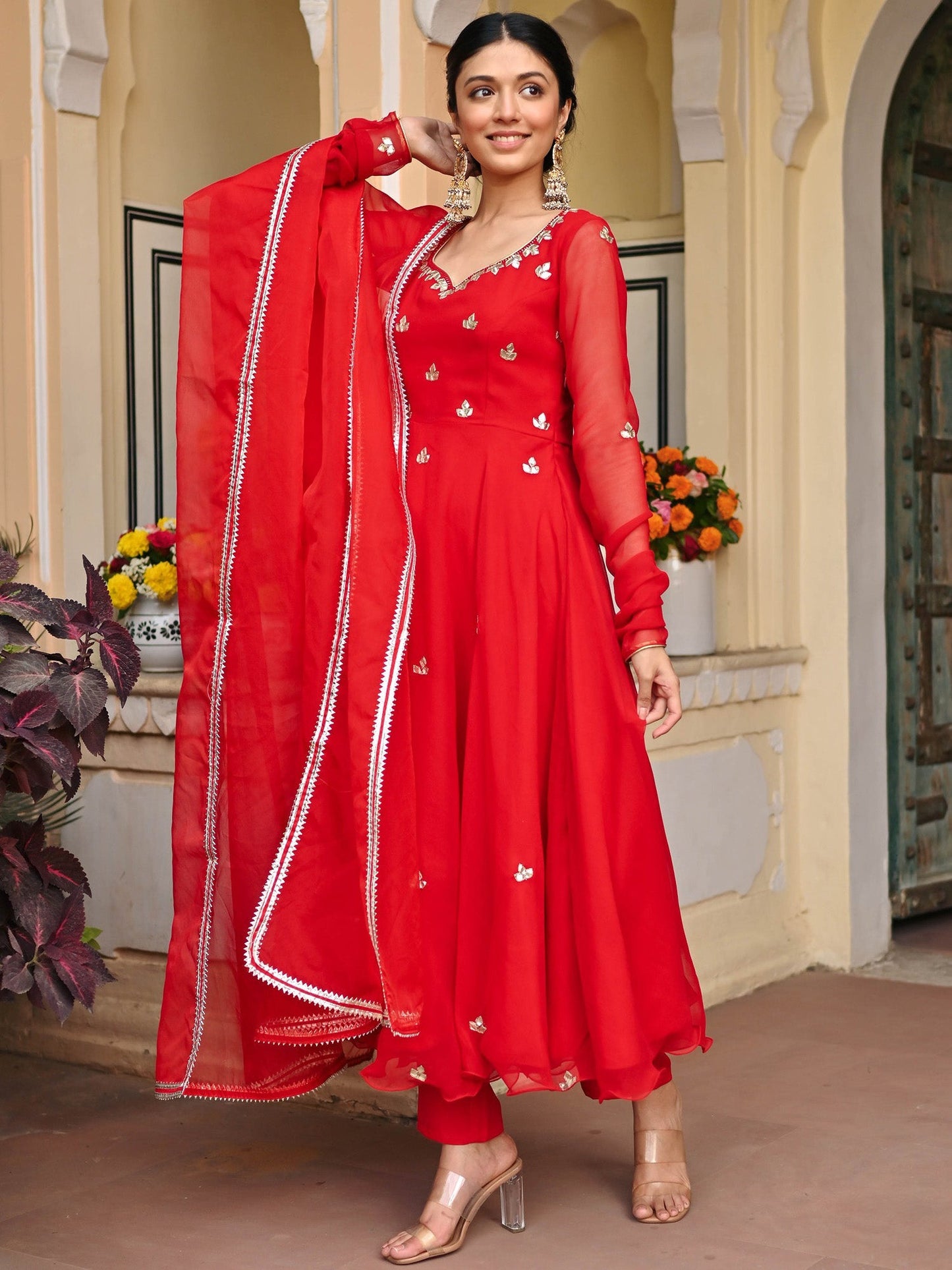 RED GEORGETTE HANDWORK ANARKALI SET