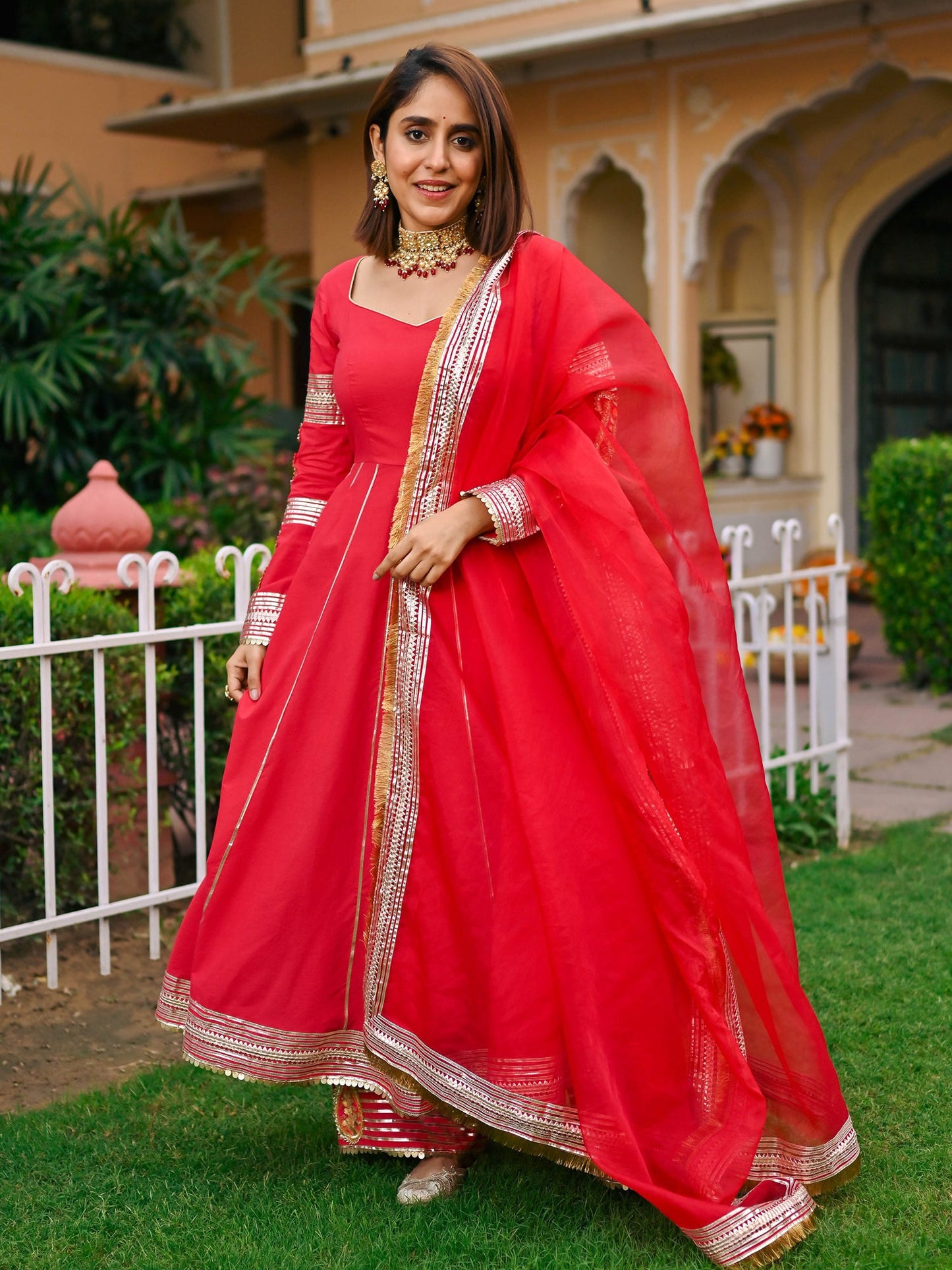 Red Paisley Gota Anarkali Set