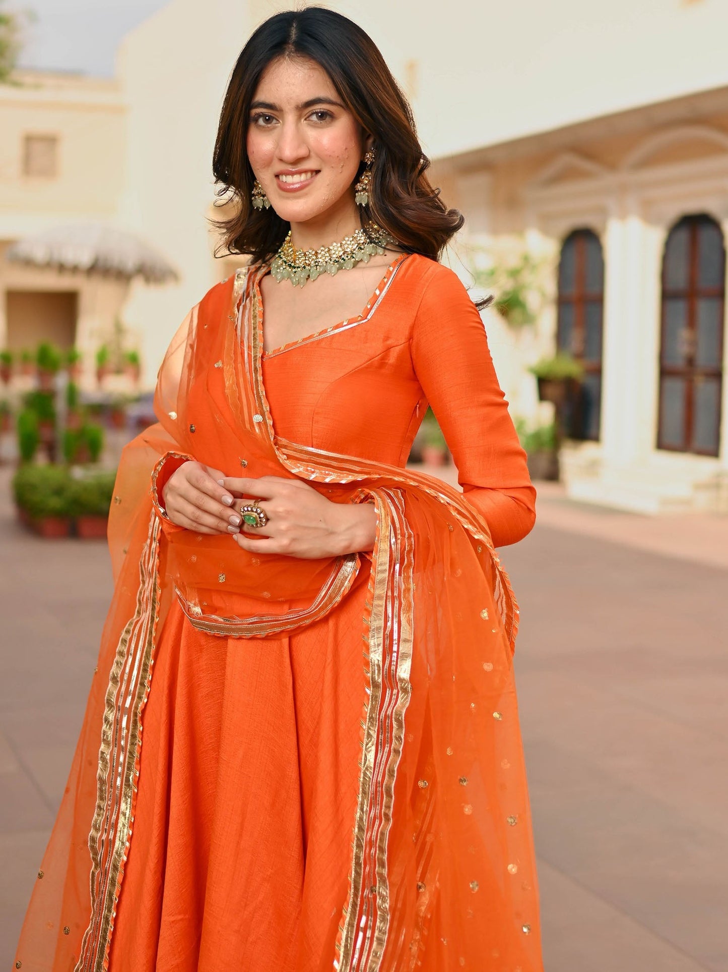 Orange Silk Anarkali set