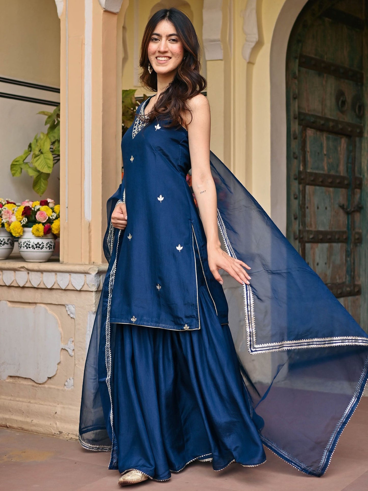 NAVY BLUE SILK KURTA AND SHARARA SET