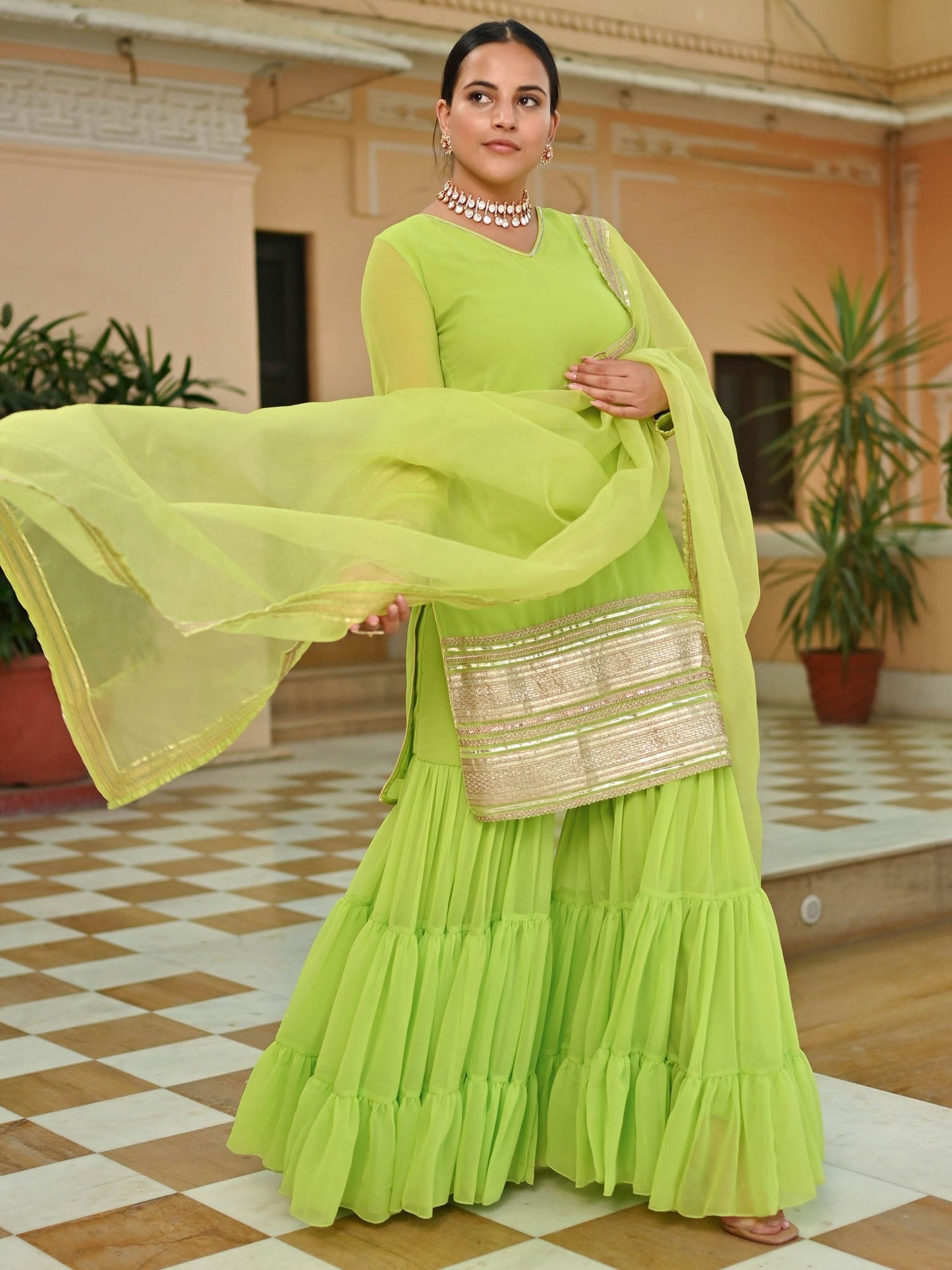 GREEN GEORGETTE KURTA AND SHARARA SET