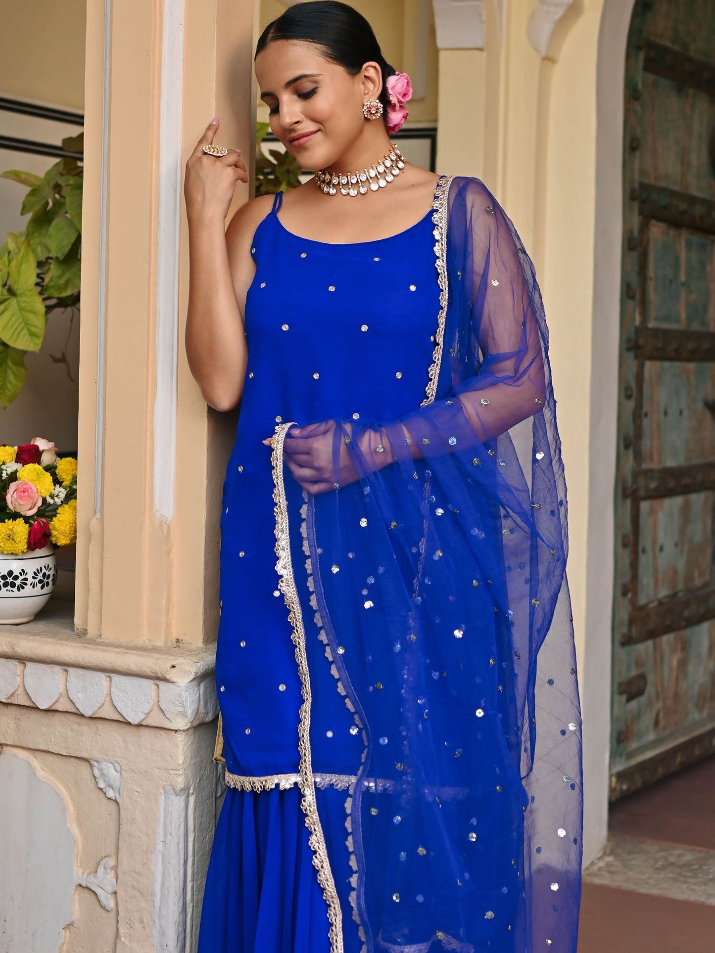 DARK BLUE GEORGETTE KURTA AND SHARARA SET