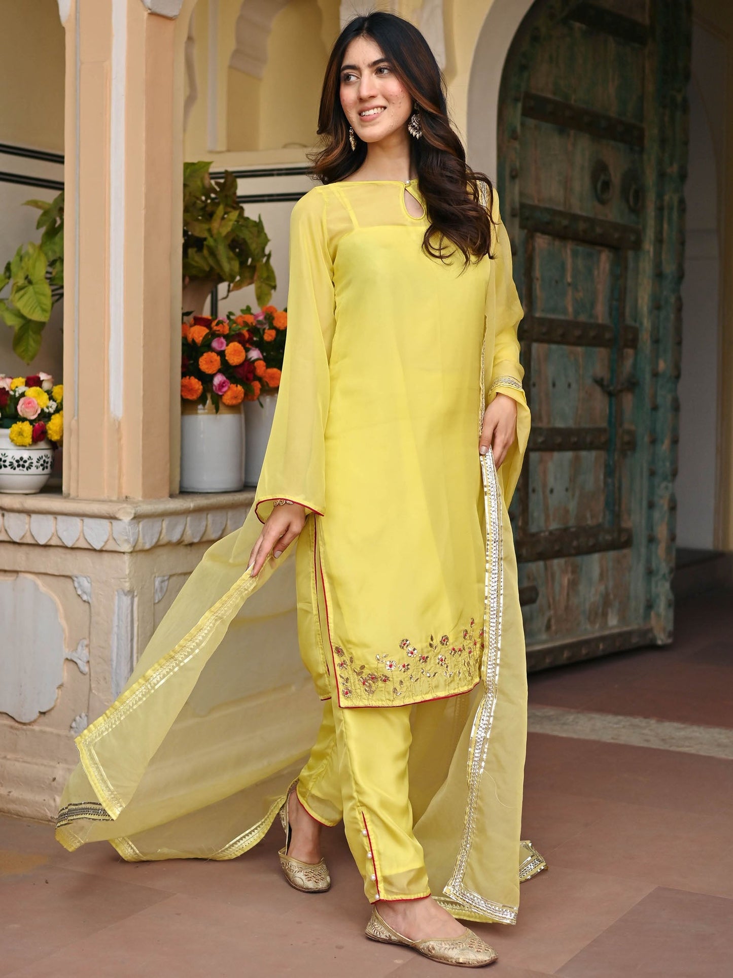 LEMON YELLOW SILK KURTA AND PANT SET