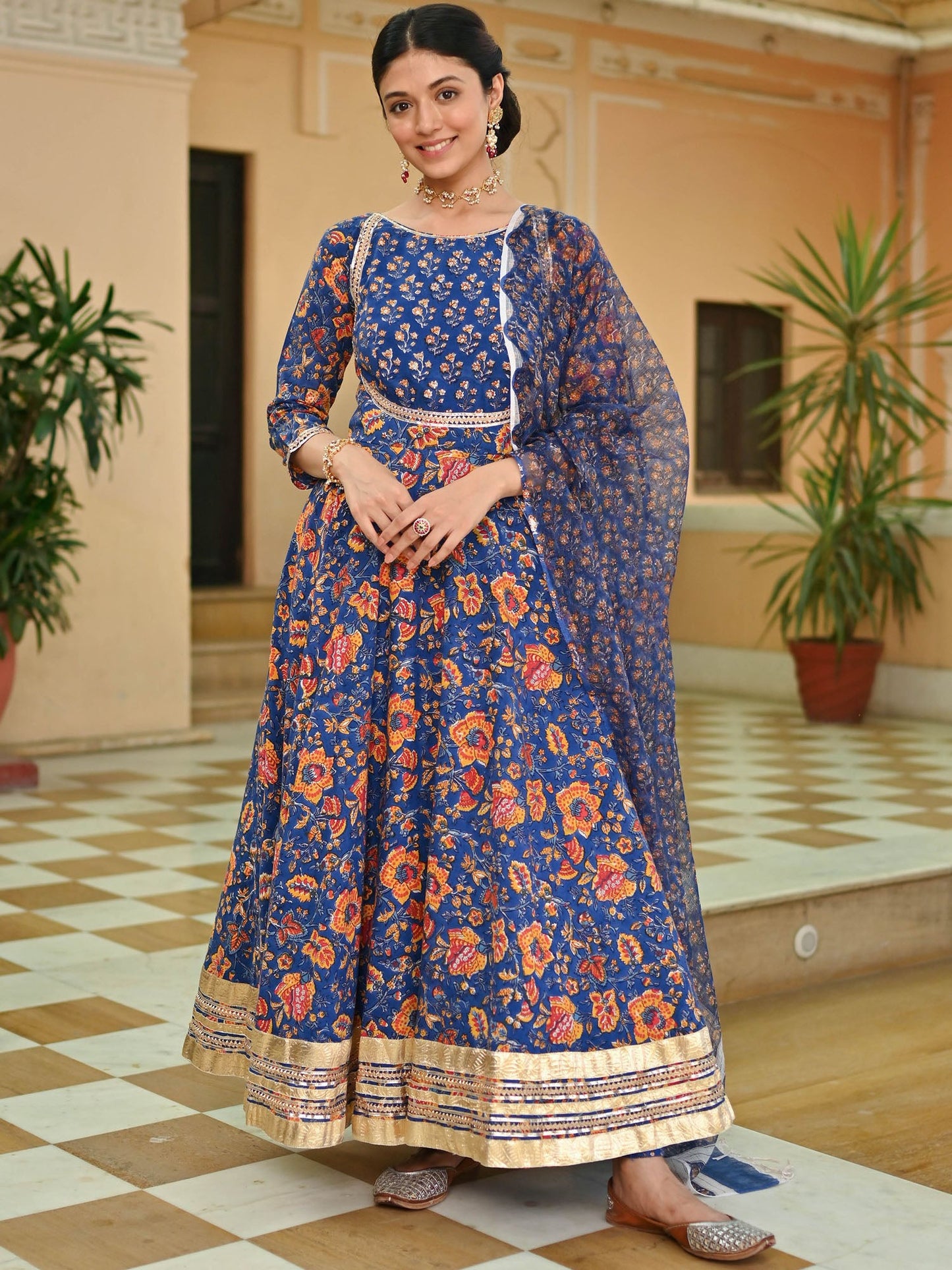Blue Handblock Printed Anarkali Set