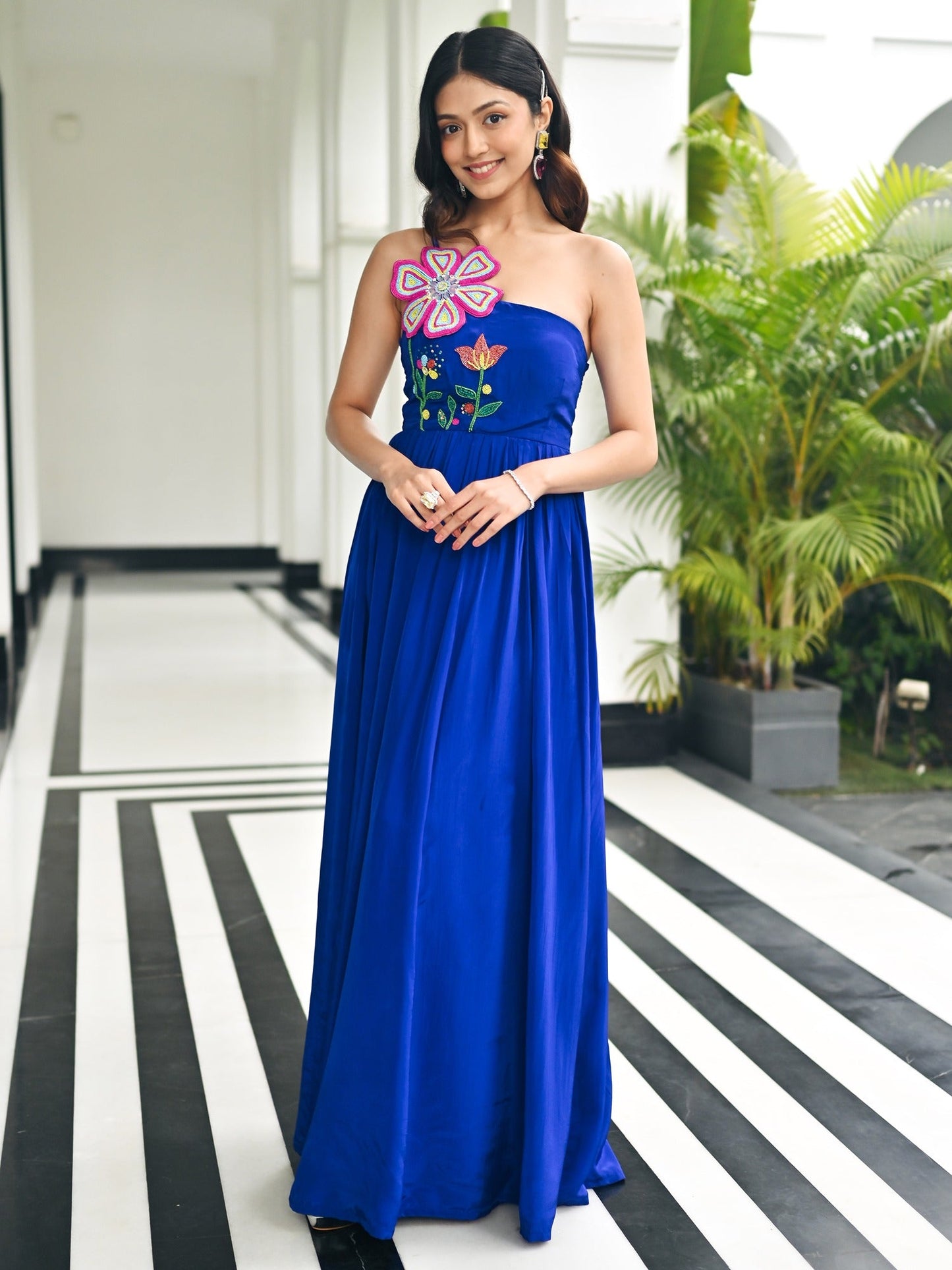 Dark Blue Flower Bouqet Long Dress