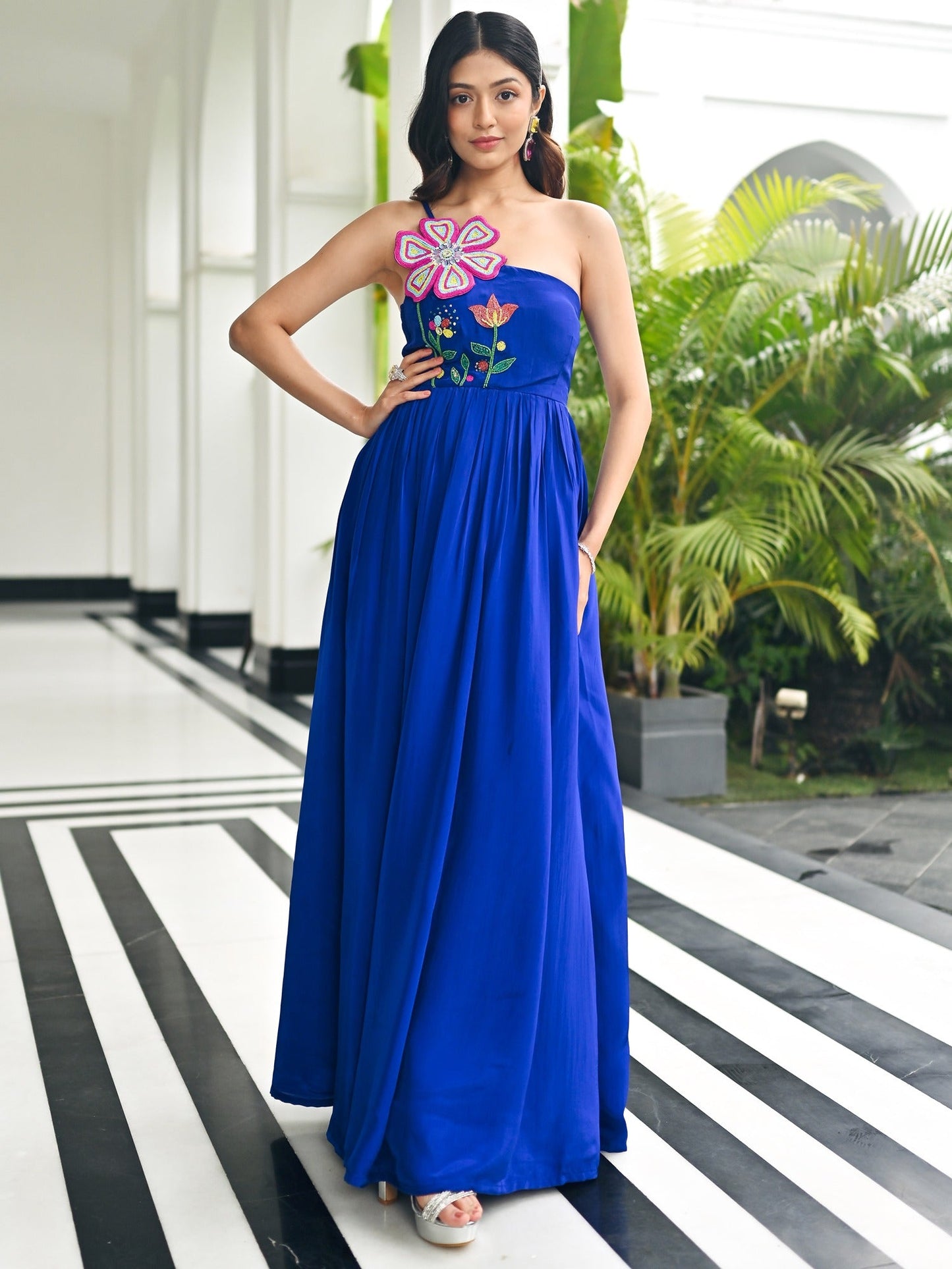 Dark Blue Flower Bouqet Long Dress