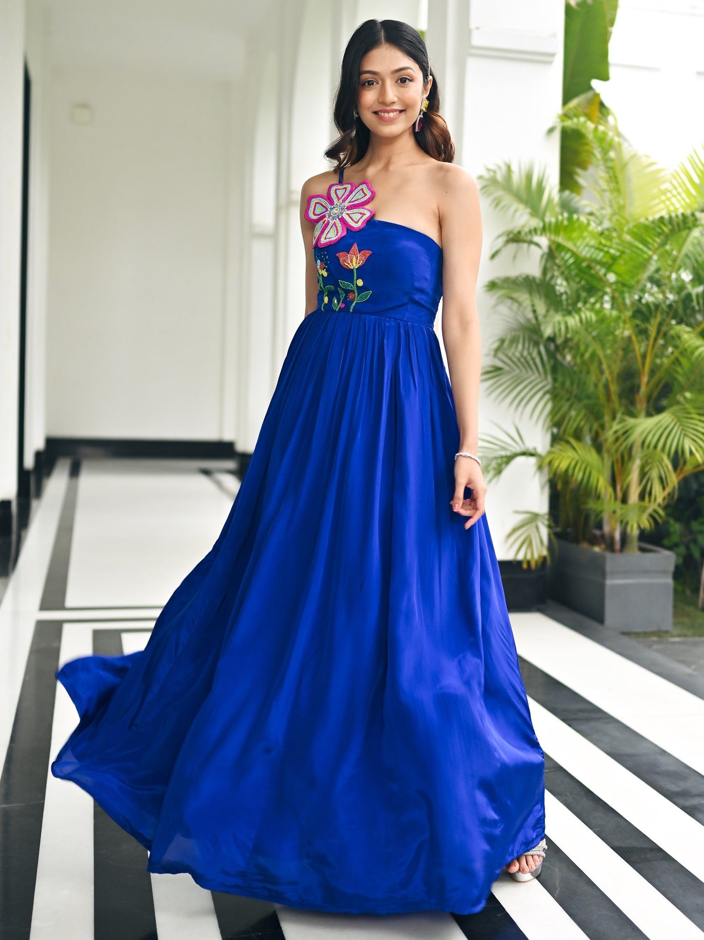 Dark Blue Flower Bouqet Long Dress