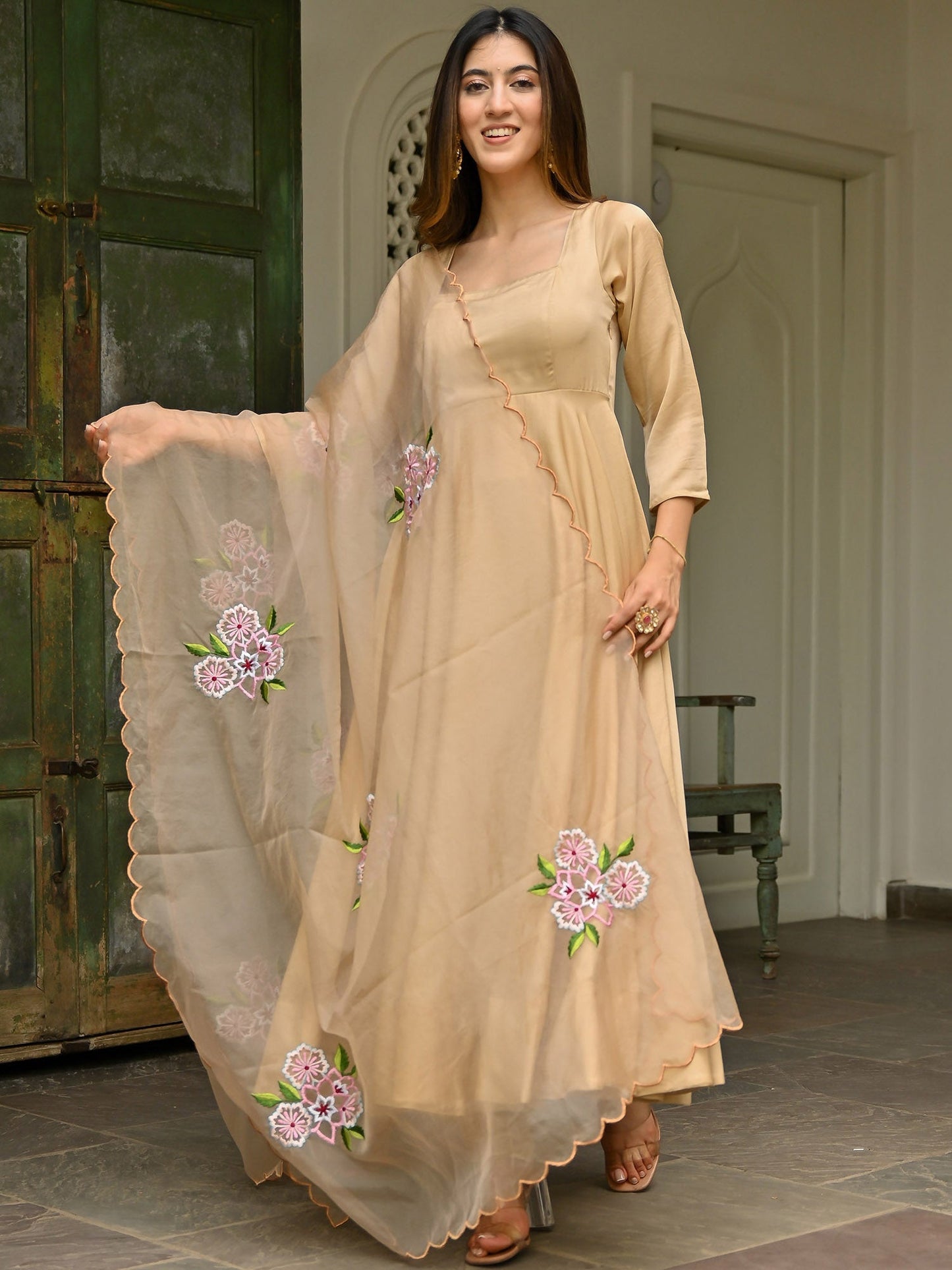 Beige Embroidered Anarkali Set