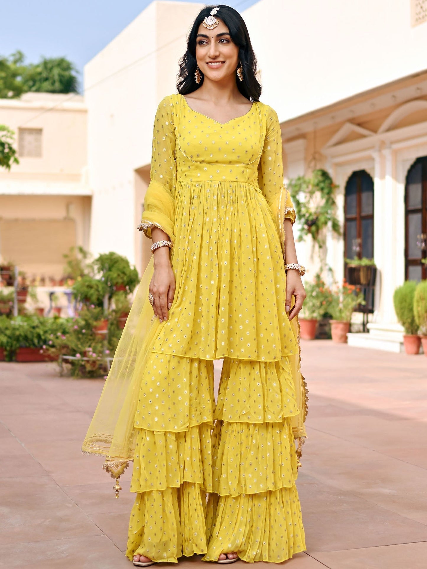 Yellow Georgette Sharara Set