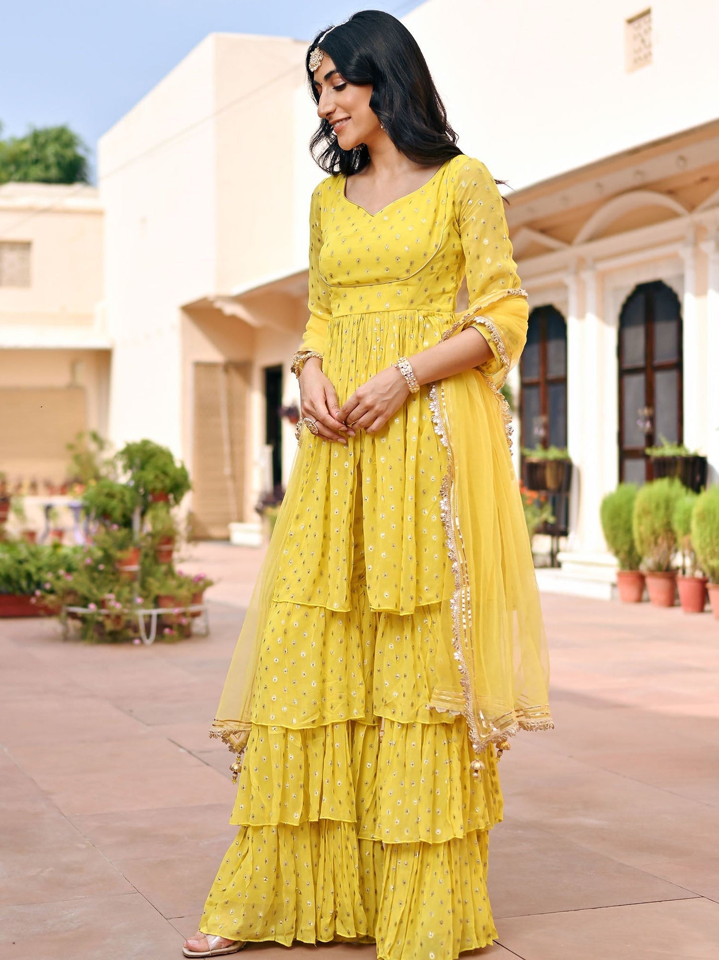 Yellow Georgette Sharara Set