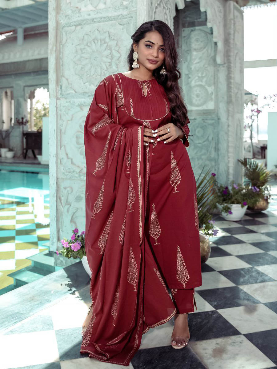 Maroon Printed Kurta Sets