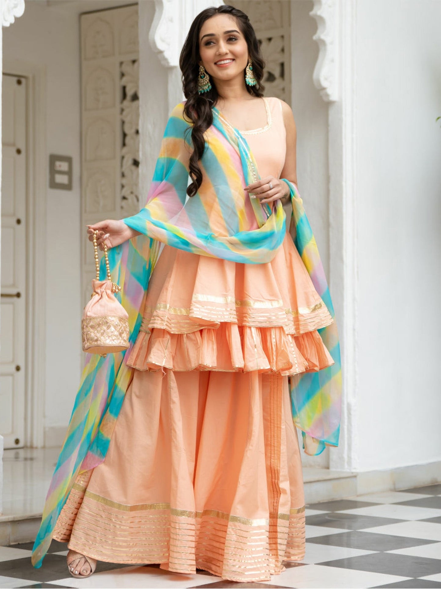 Peach Cotton Kurta and Palazzo Without Dupptta