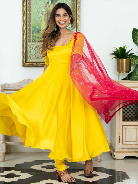 Yellow & Pink Silk Anarkali Set