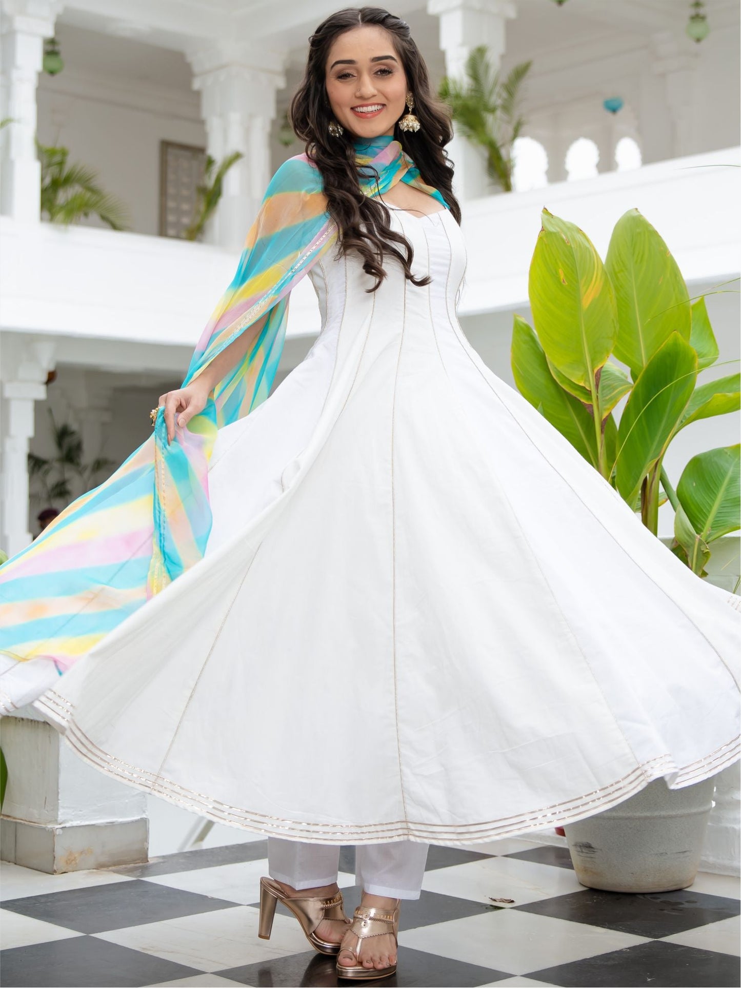 White Cotton Anarkali Set