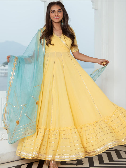 Lemon Yellow Cotton Flared Anarkali Set