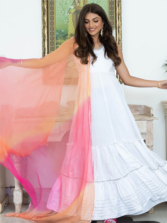 White Long Flared Dress With Dupatta